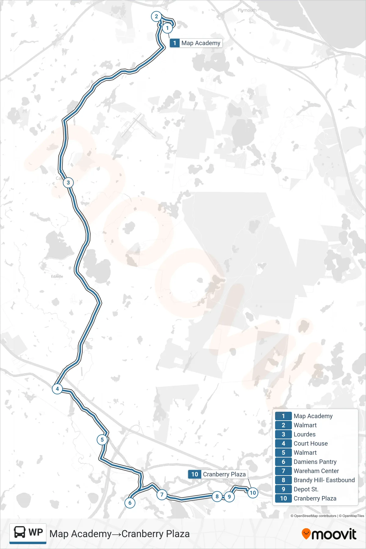 WP bus Line (Map Academy→Cranberry Plaza) route and stops on a map