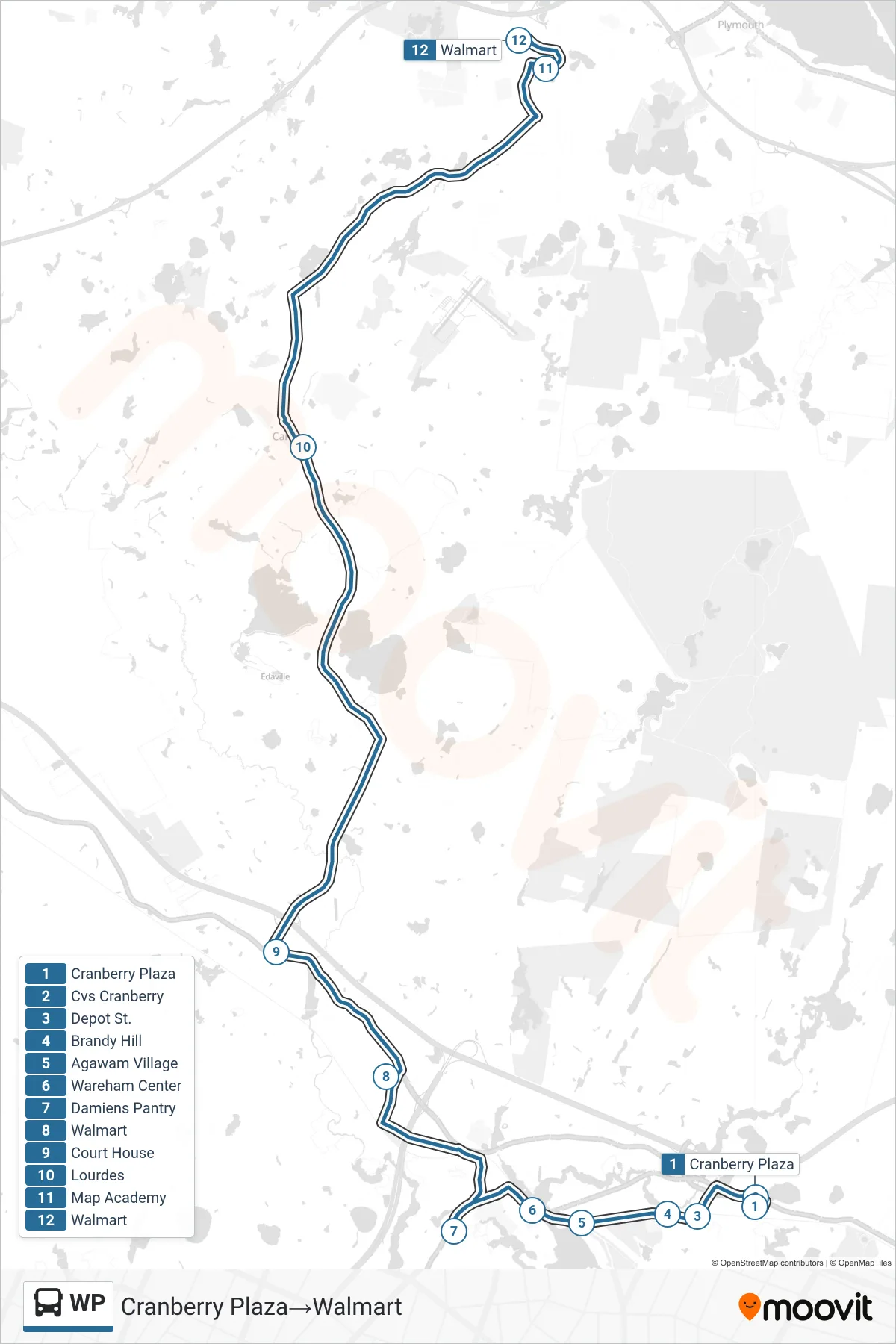 WP bus Line (Cranberry Plaza→Walmart) route and stops on a map