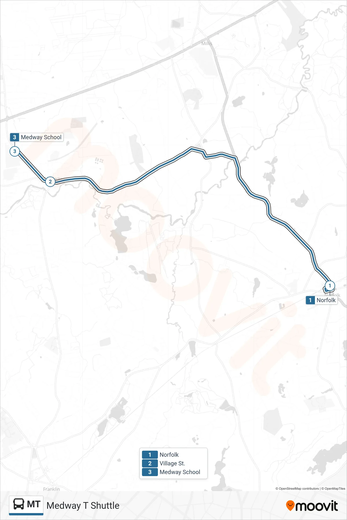 MT bus Line (Norfolk‎→Medway School) route and stops on a map