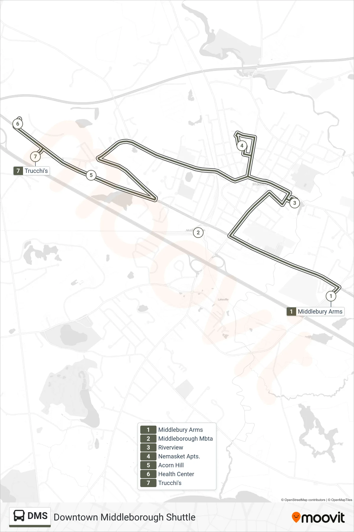 DMS bus Line (Middlebury Arms→Trucchi's) route and stops on a map