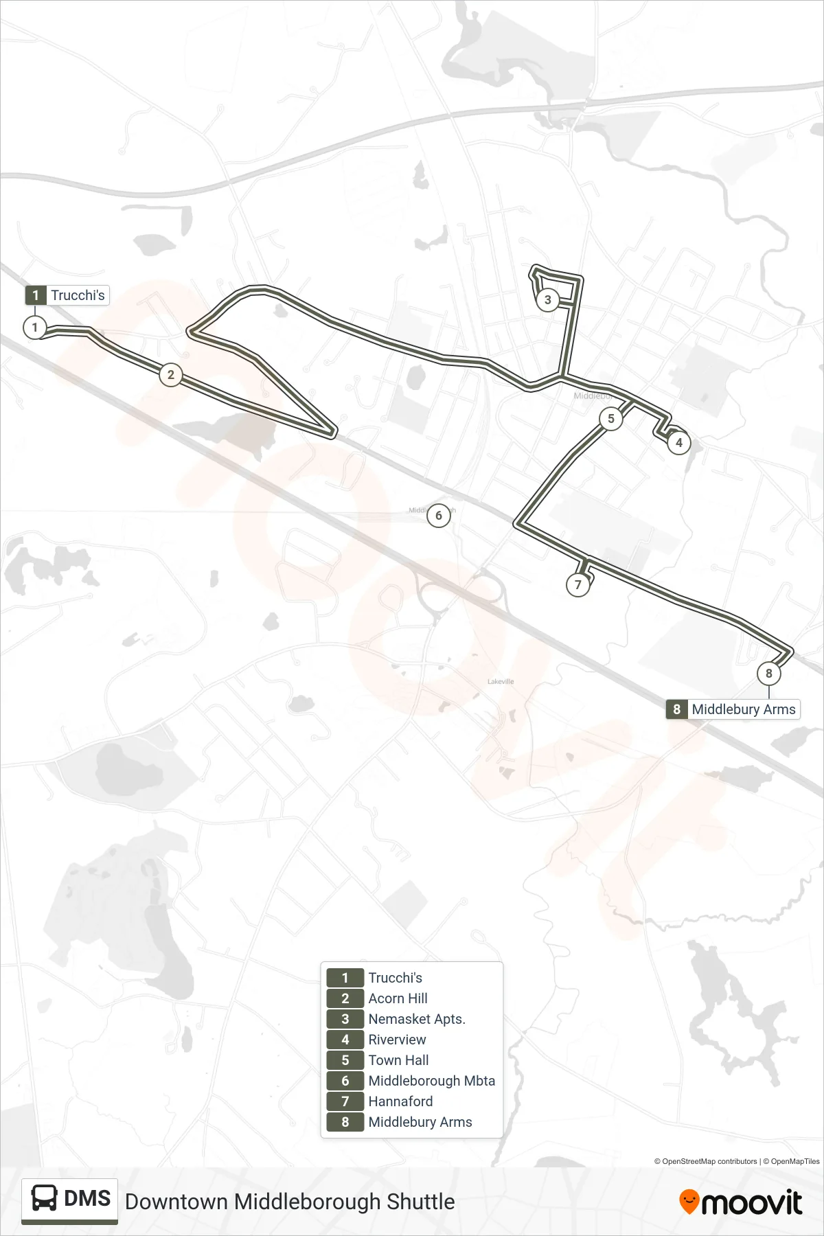 DMS bus Line (Trucchi's→Middlebury Arms) route and stops on a map