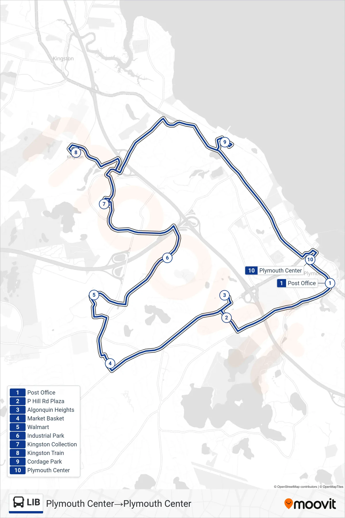 LIB bus Line (Plymouth Center→Plymouth Center) route and stops on a map