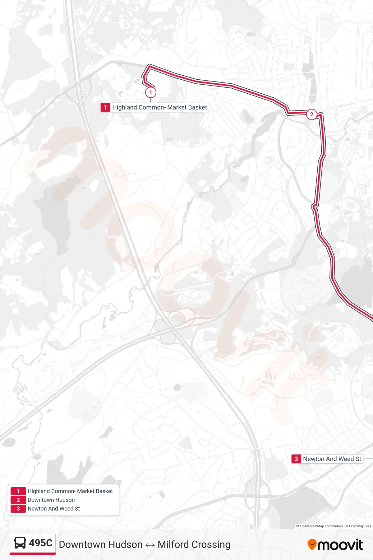 495C bus Line (Highland Common- Market Basket‎→Newton And Weed St) route and stops on a map