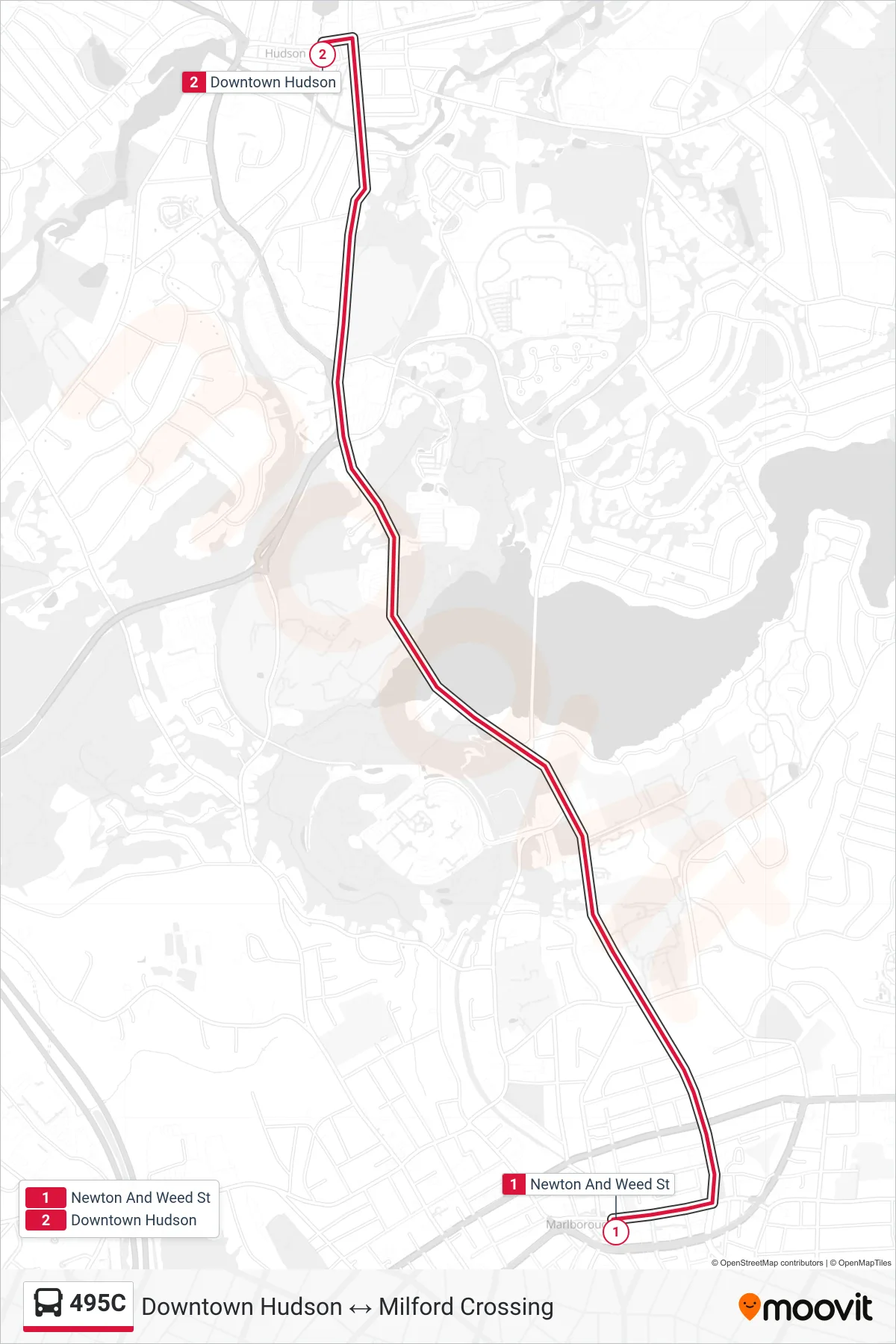 495C bus Line (Newton And Weed St→Downtown Hudson) route and stops on a map