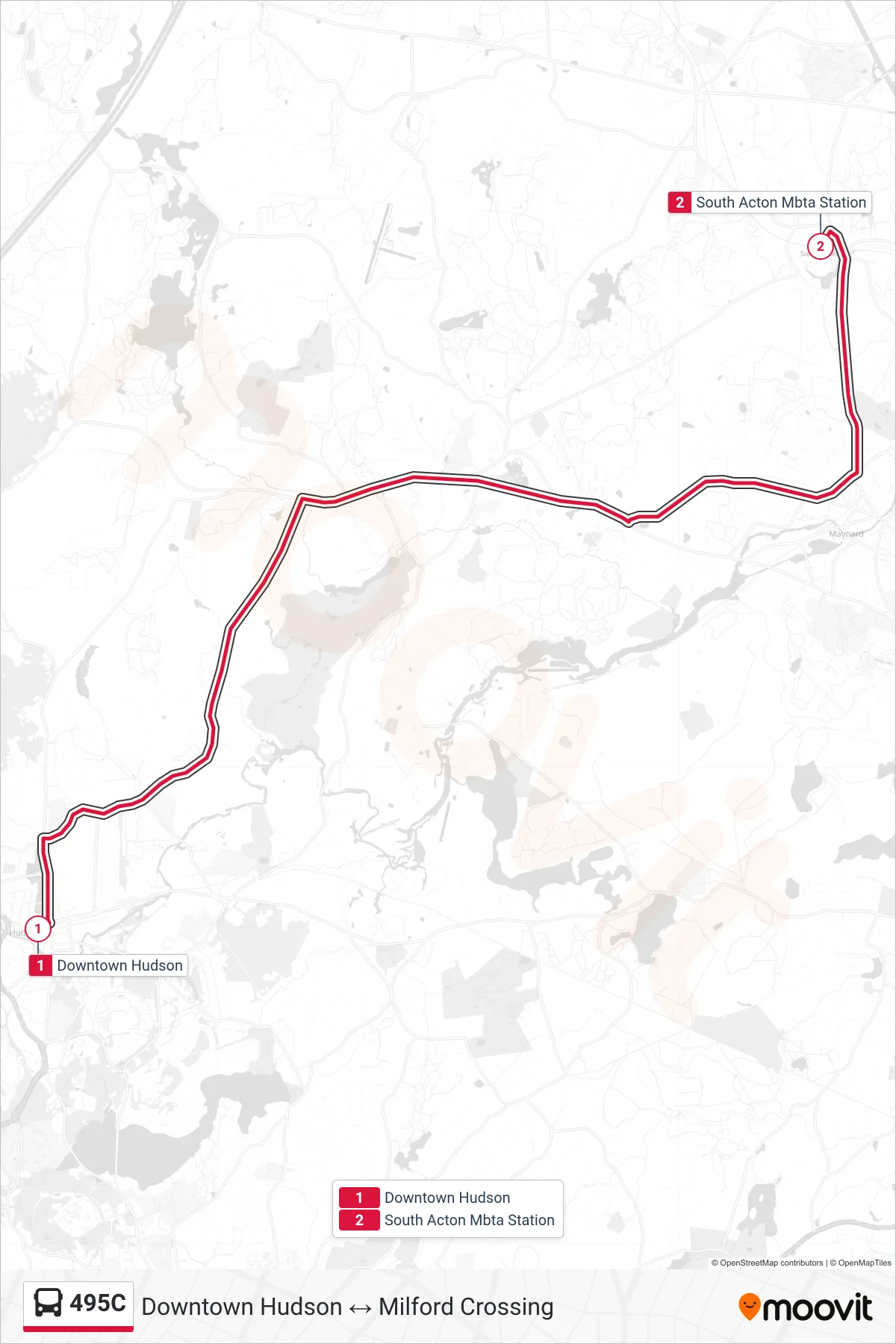 495C bus Line (Downtown Hudson‎→South Acton Mbta Station) route and stops on a map