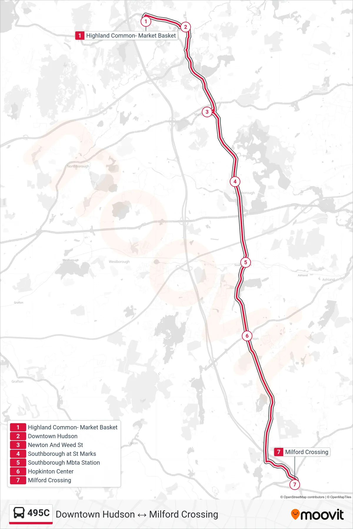 495C bus Line (Highland Common- Market Basket→Milford Crossing) route and stops on a map