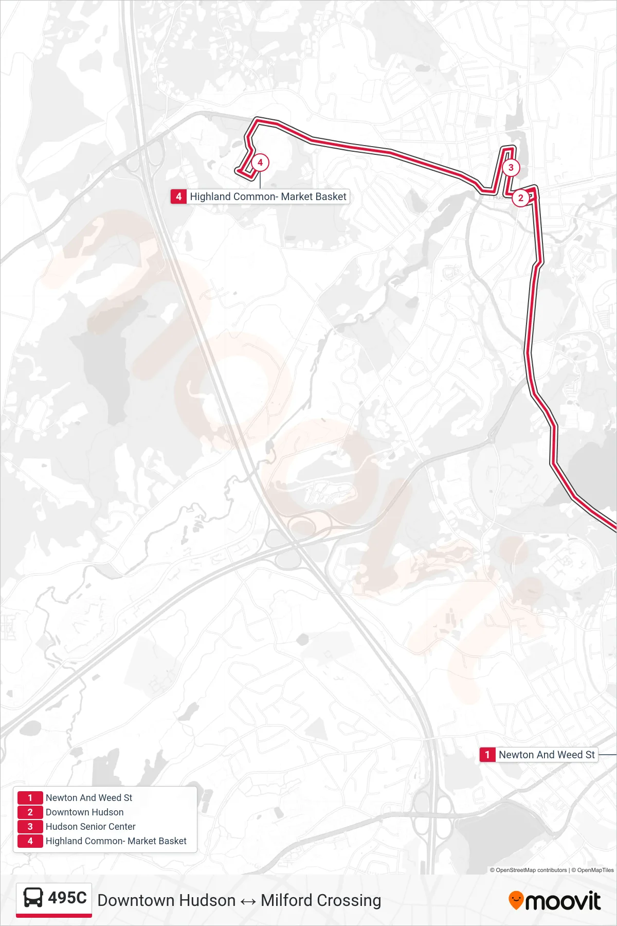 495C bus Line (Newton And Weed St→Highland Common- Market Basket) route and stops on a map