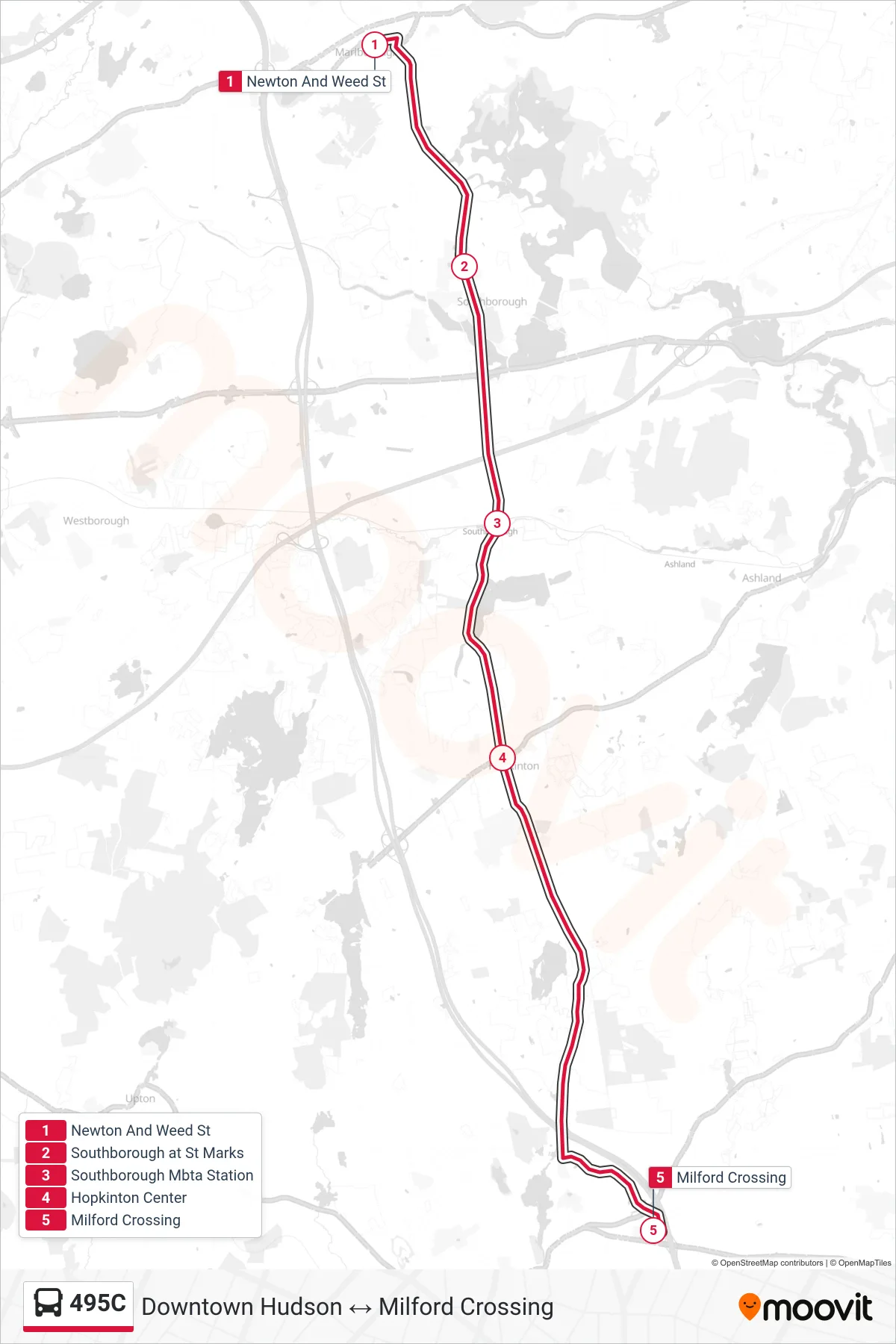 495C bus Line (Newton And Weed St→Milford Crossing) route and stops on a map