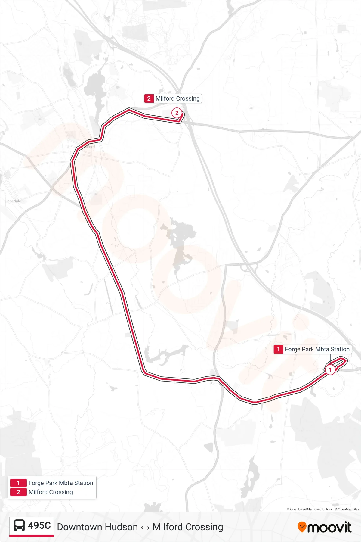 495C bus Line (Forge Park Mbta Station→Milford Crossing) route and stops on a map