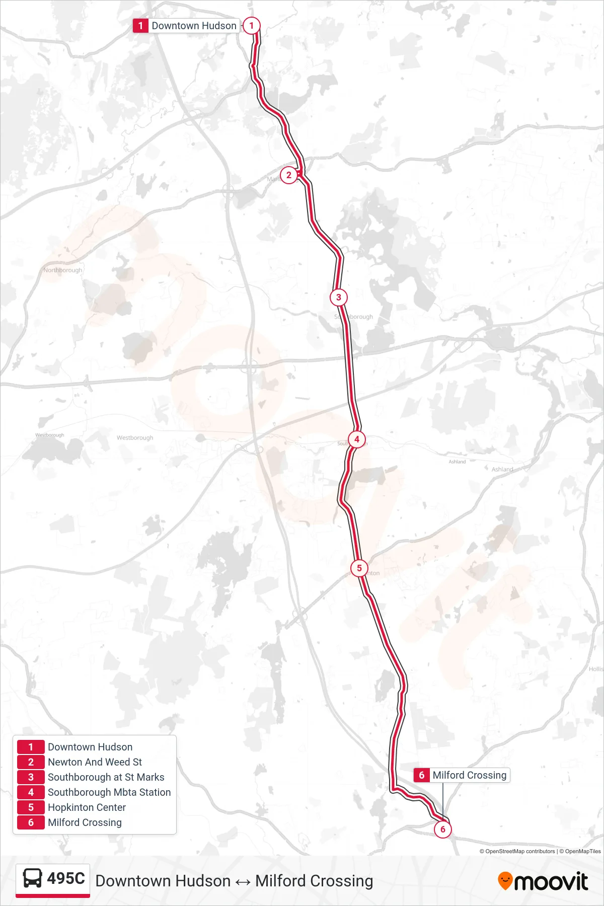 495C bus Line (Downtown Hudson‎→Milford Crossing) route and stops on a map