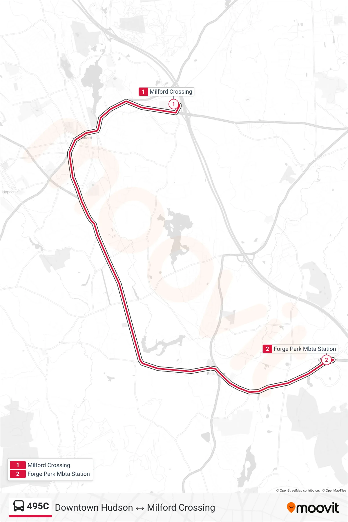 495C bus Line (Milford Crossing‎→Forge Park Mbta Station) route and stops on a map