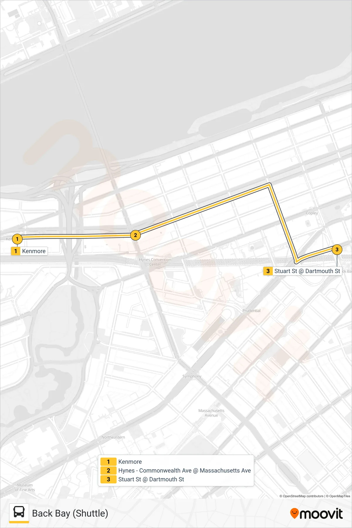 GREEN LINE B SHUTTLE bus Line (Back Bay (Shuttle)) route and stops on a map