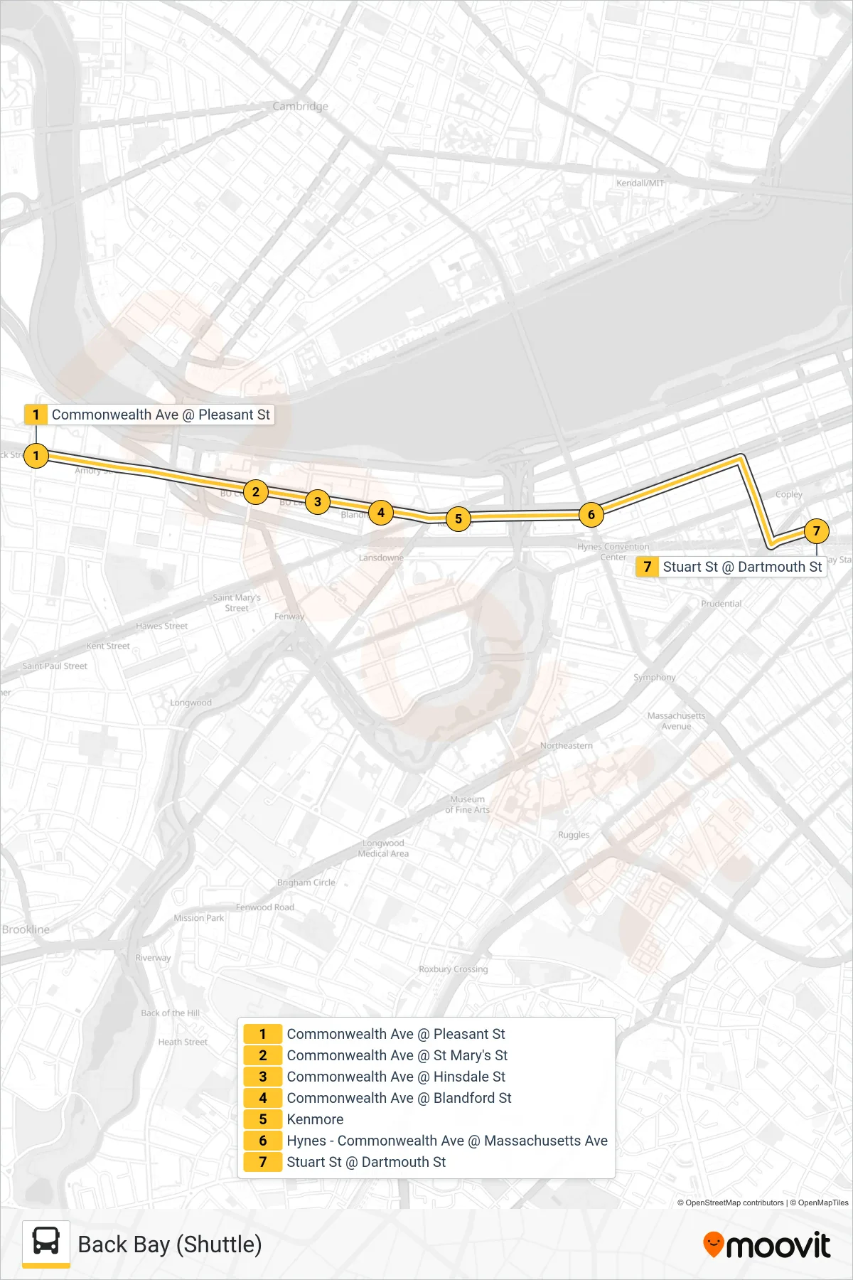 GREEN LINE B SHUTTLE bus Line (Back Bay (Shuttle)) route and stops on a map