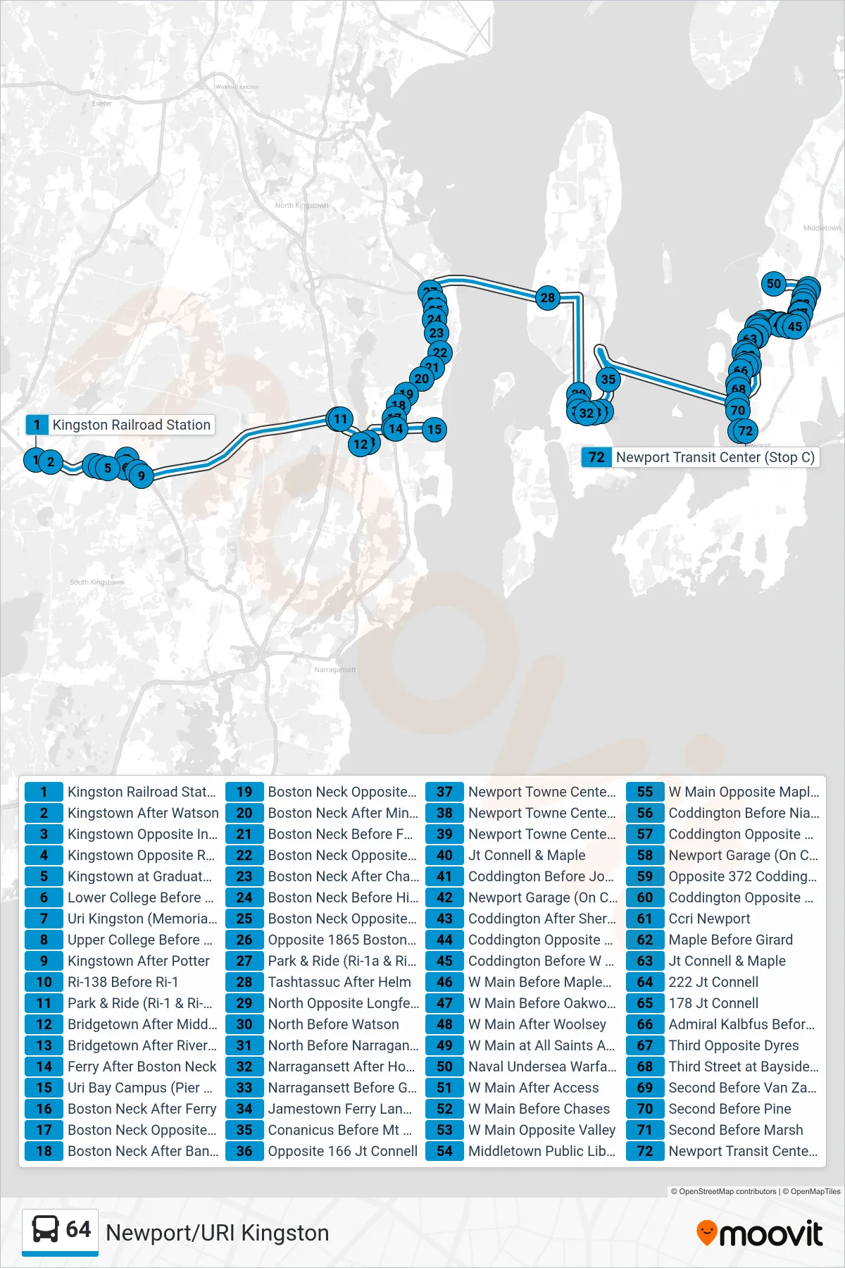 64 bus Line (Newport Via Naval Center) route and stops on a map