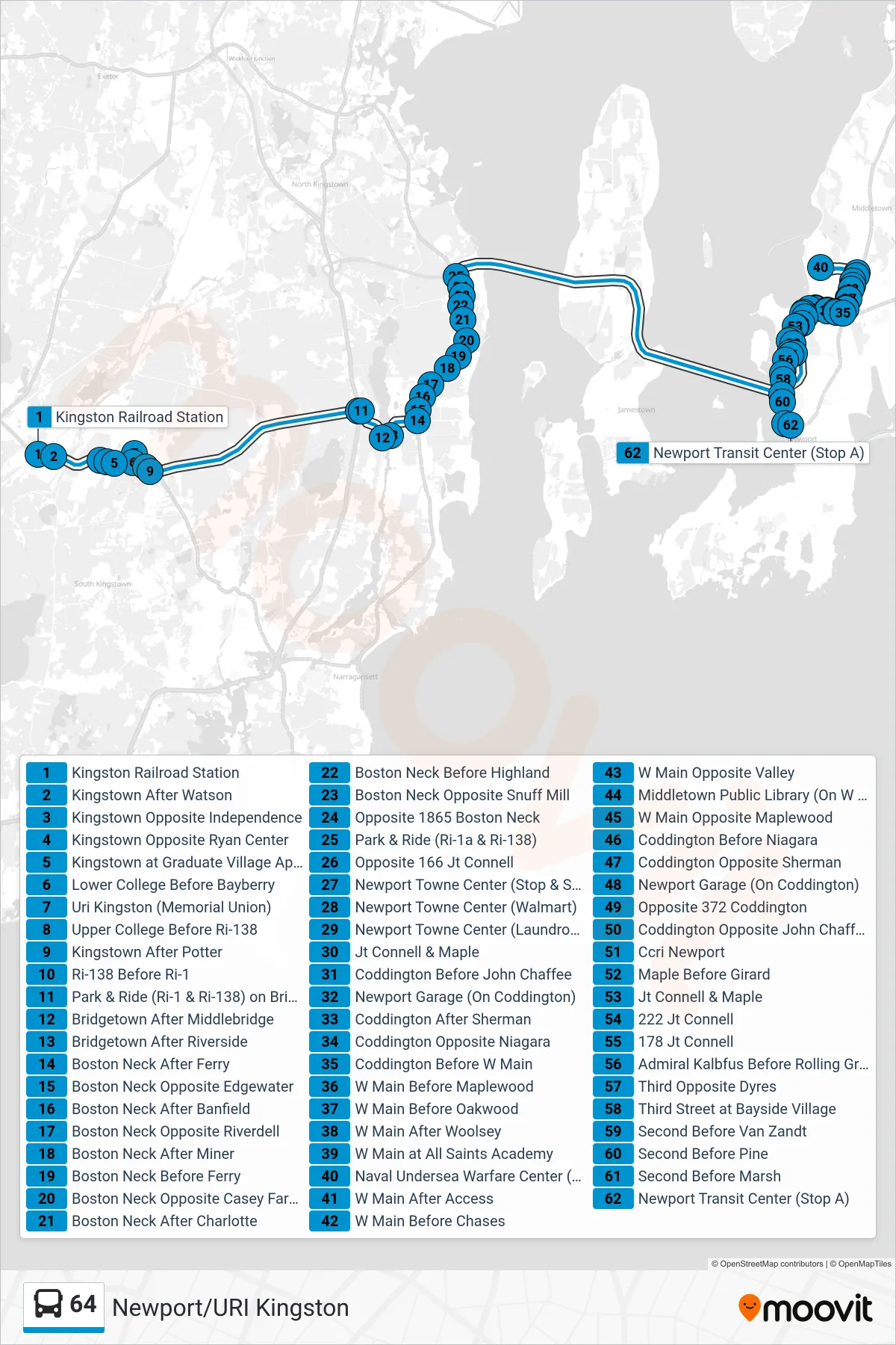 64 bus Line (Newport Via Naval Center (Limited Stops)) route and stops on a map