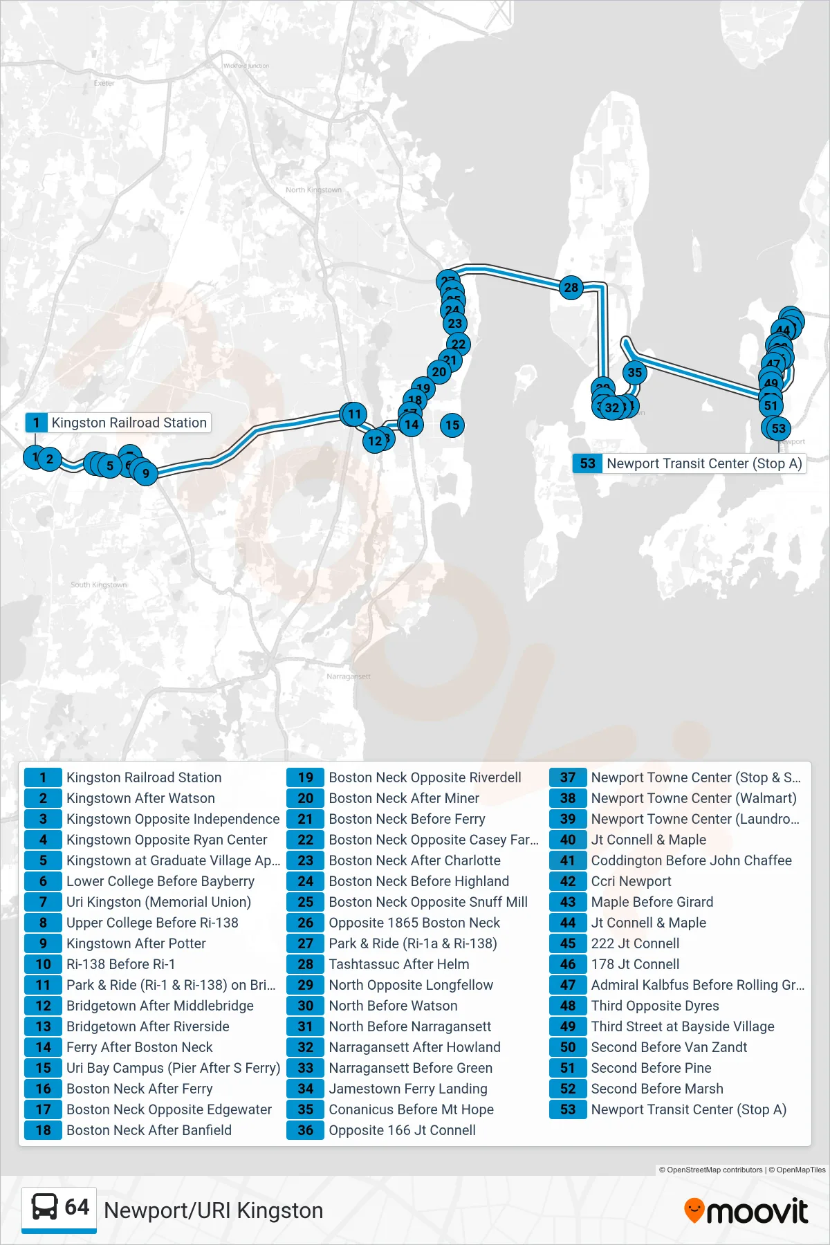 64 bus Line (Newport) route and stops on a map