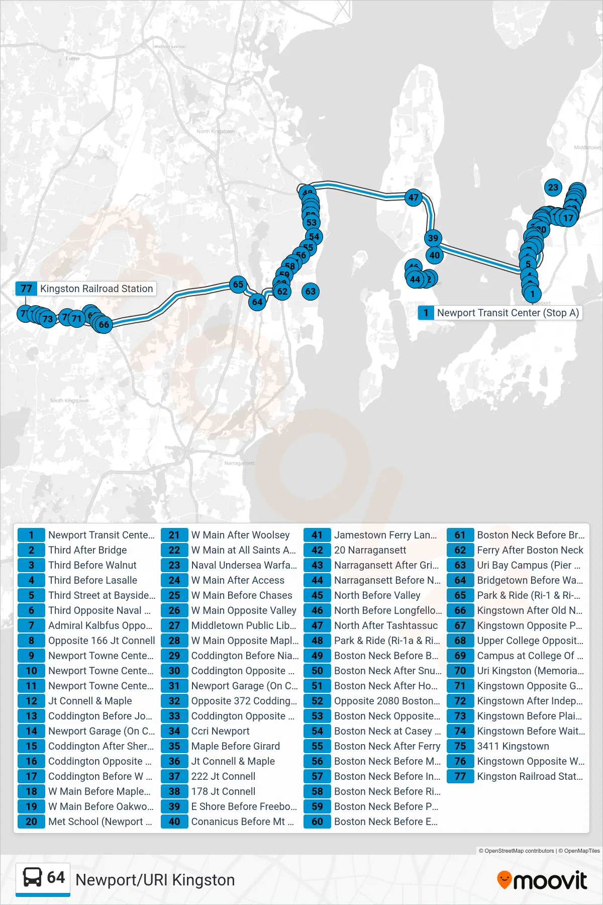 64 bus Line (Kingston Station) route and stops on a map
