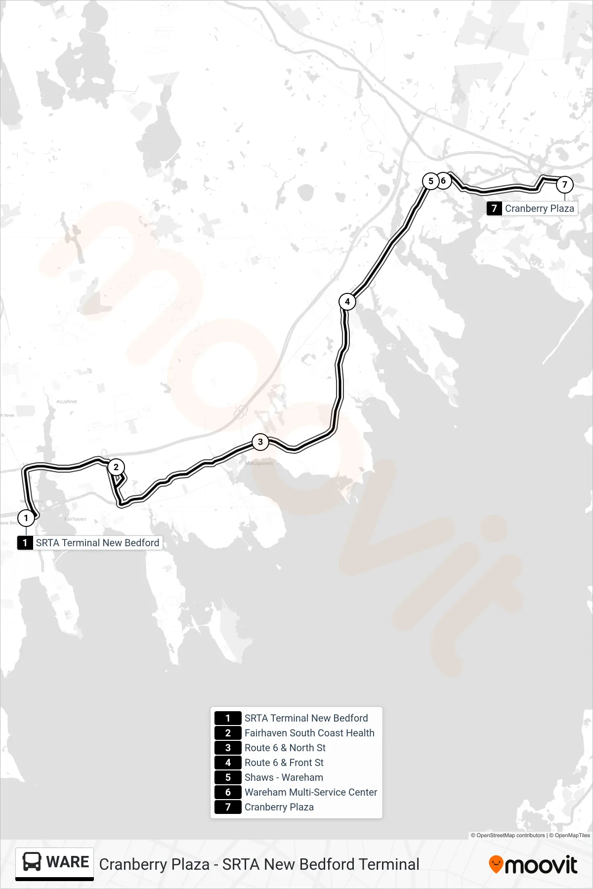 WARE bus Line (Wareham) route and stops on a map