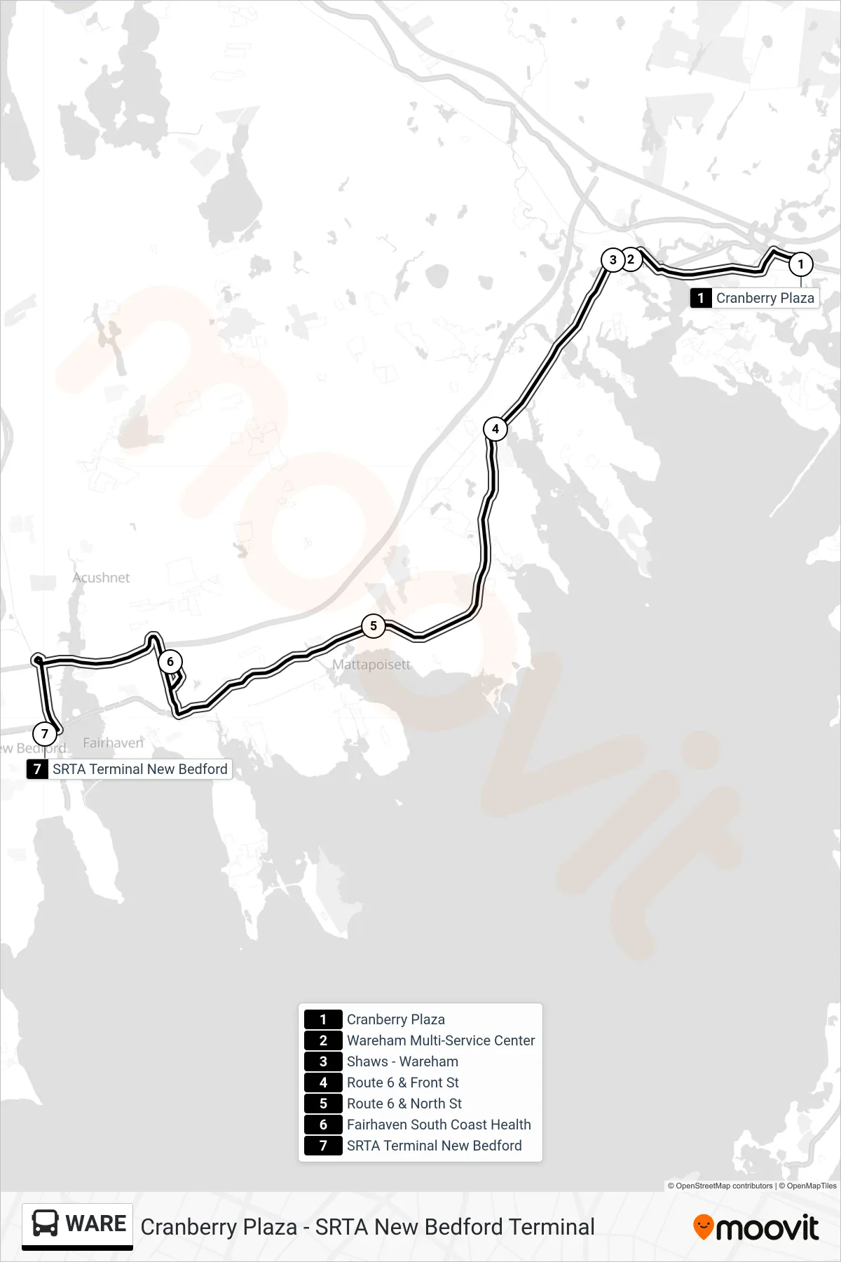 WARE bus Line (New Bedford) route and stops on a map