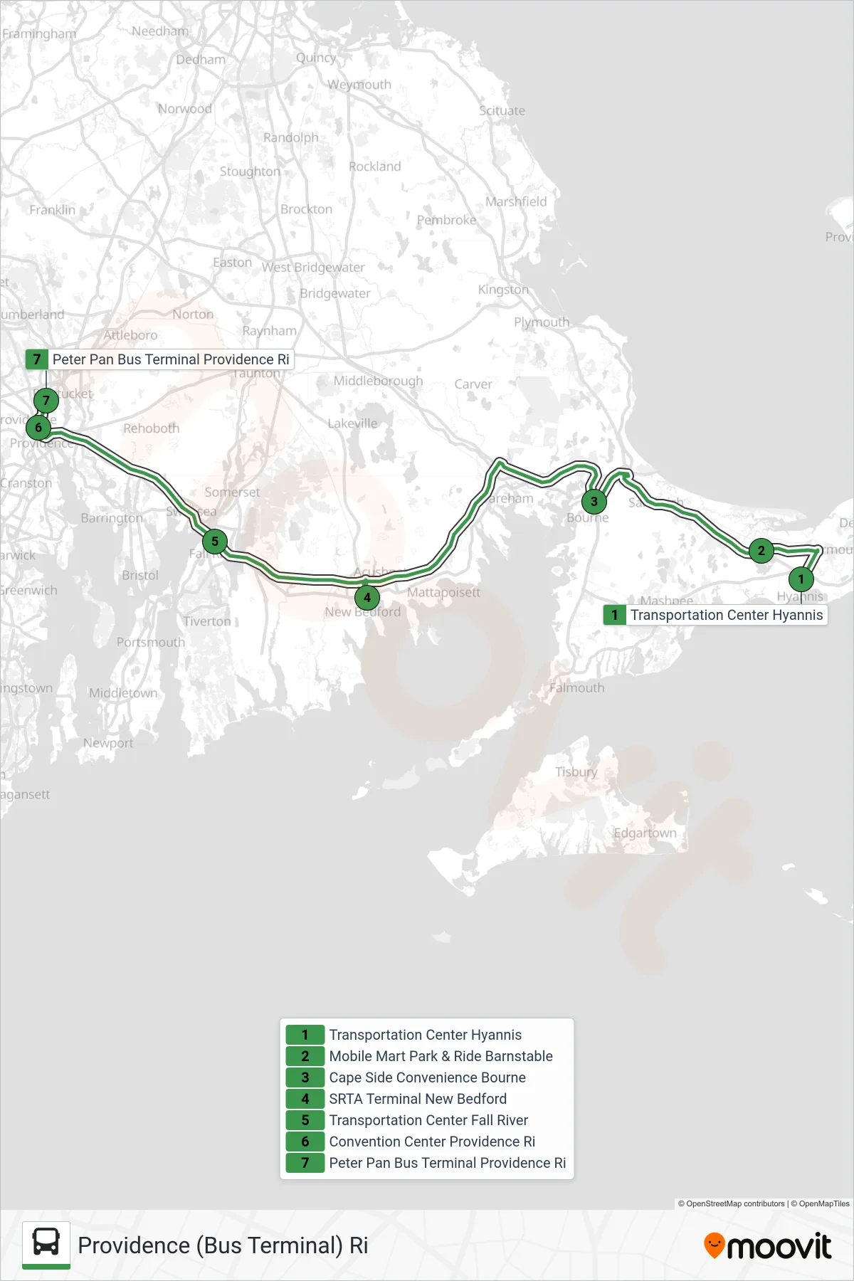 PETER PAN bus Line (Providence (Bus Terminal) Ri) route and stops on a map