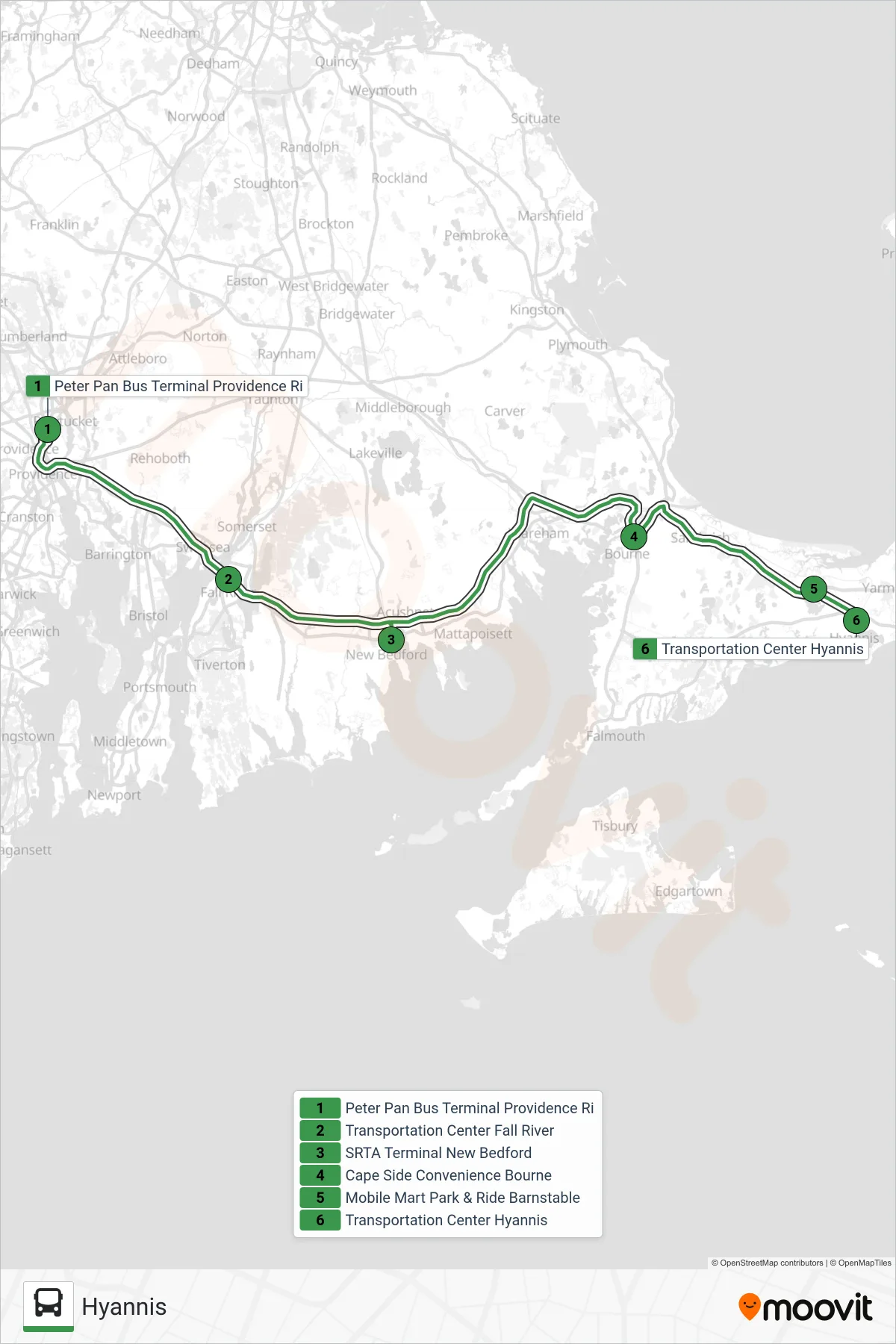 PETER PAN bus Line (Hyannis) route and stops on a map