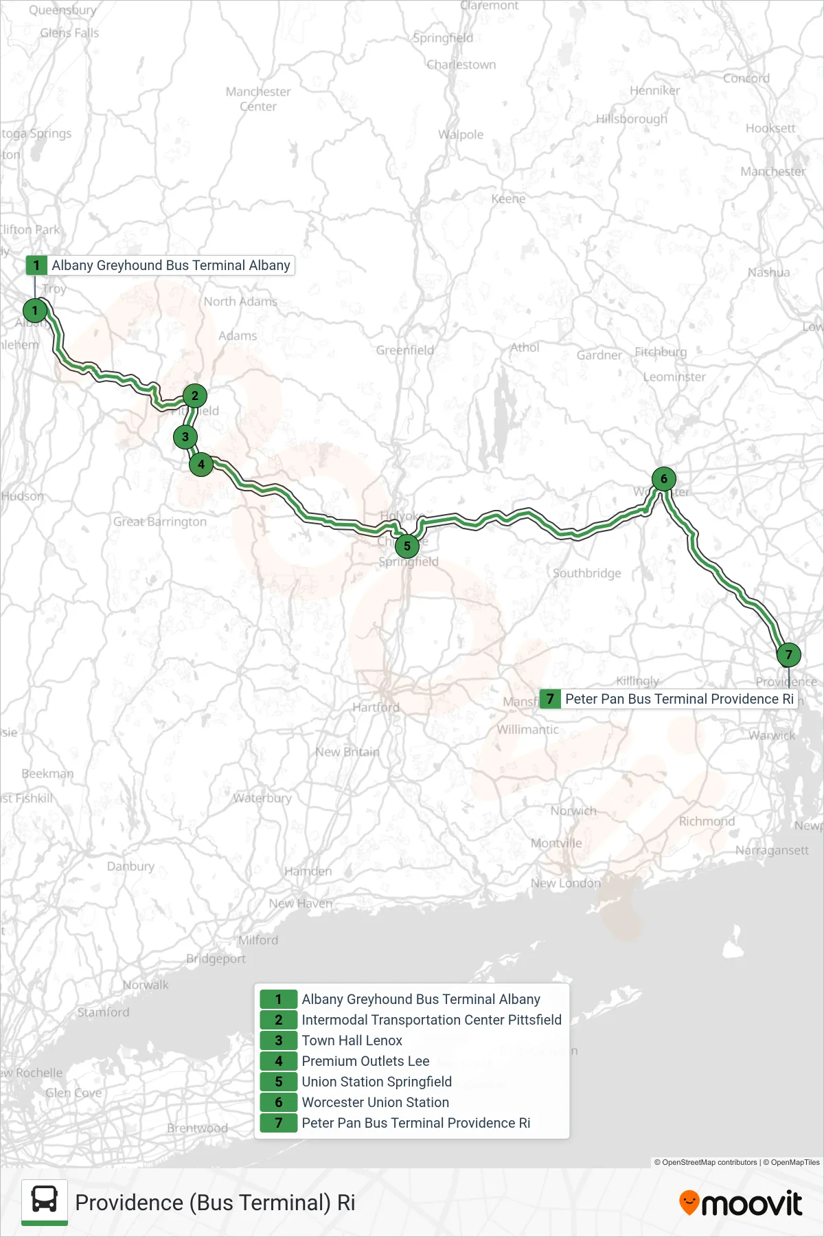 PETER PAN bus Line (Providence (Bus Terminal) Ri) route and stops on a map