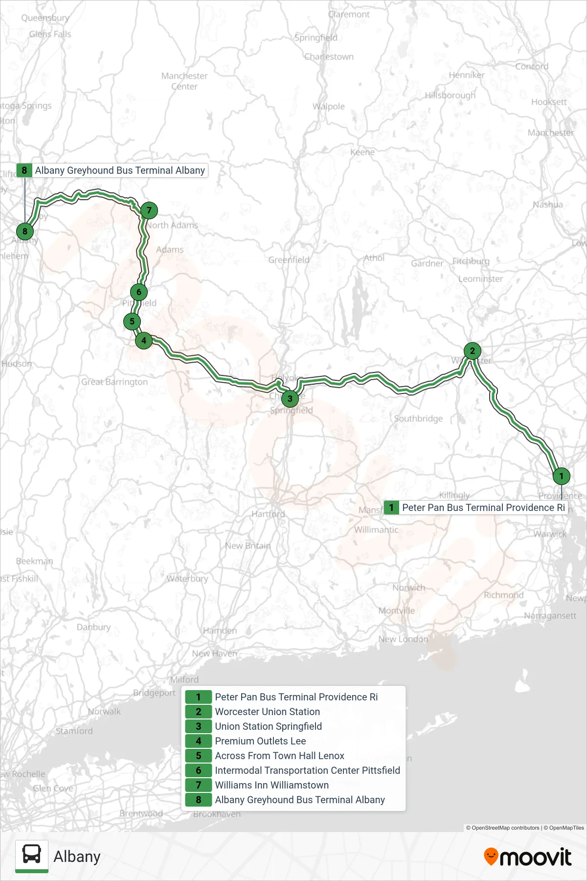 PETER PAN bus Line (Albany) route and stops on a map
