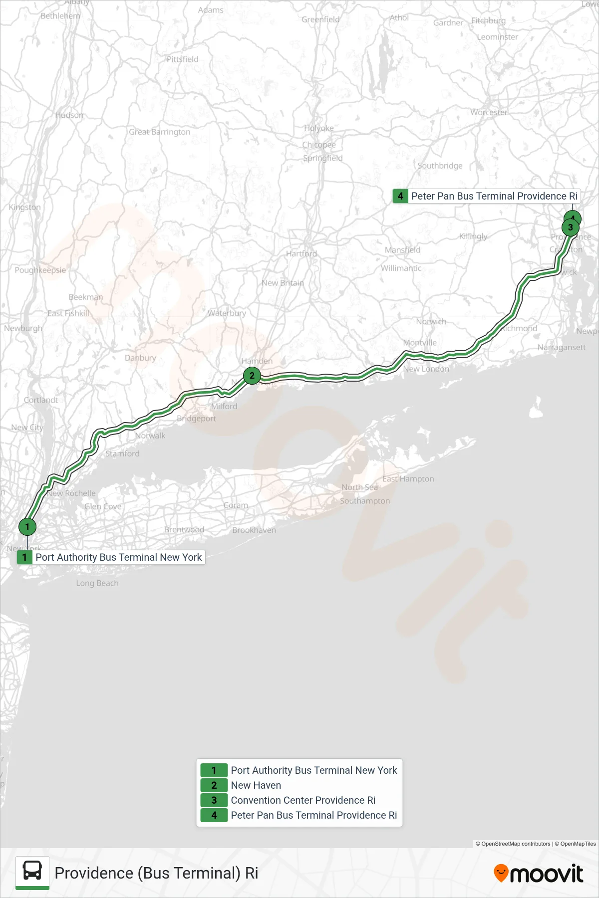 PETER PAN bus Line (Providence (Bus Terminal) Ri) route and stops on a map