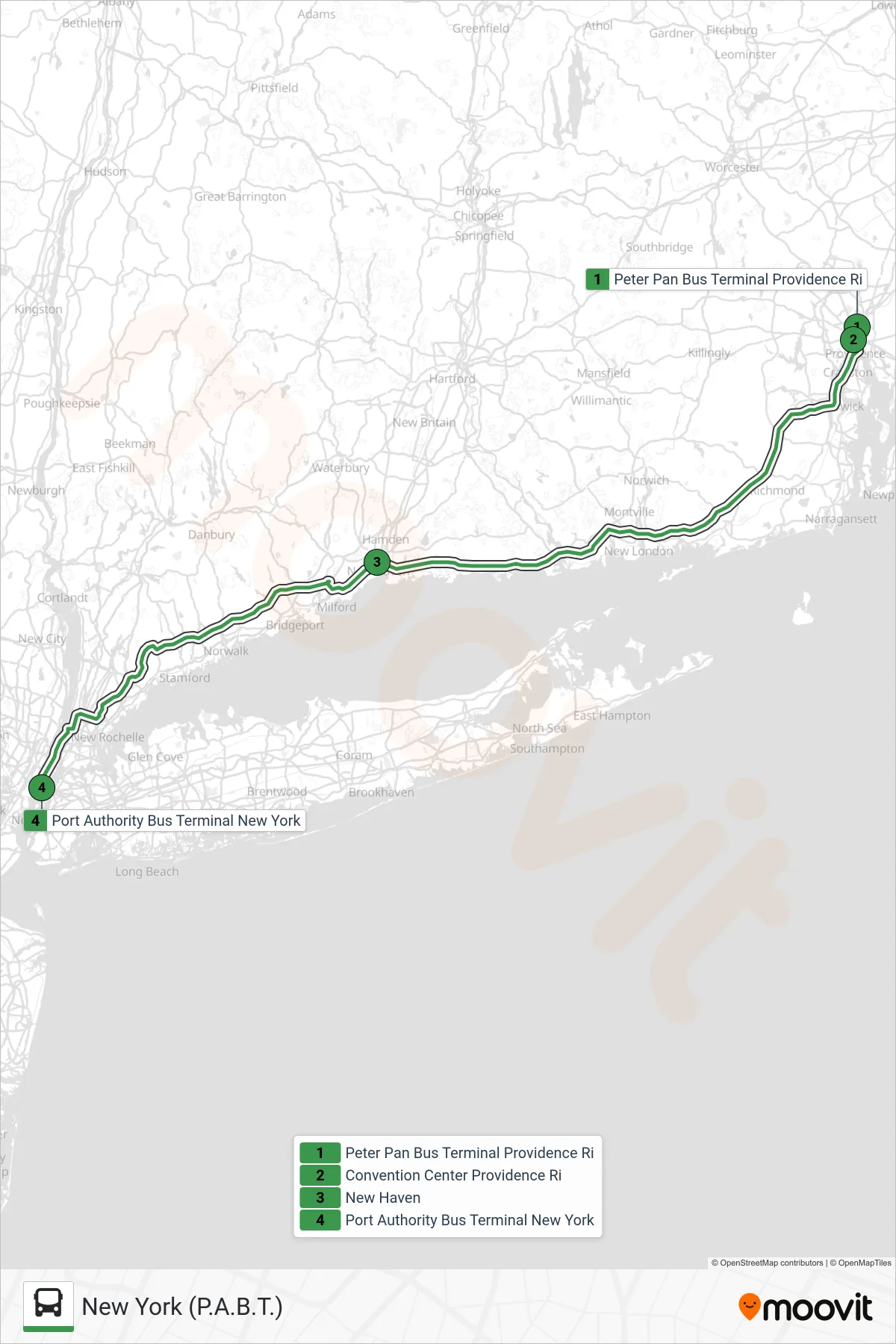 PETER PAN bus Line (New York (P.A.B.T.)) route and stops on a map
