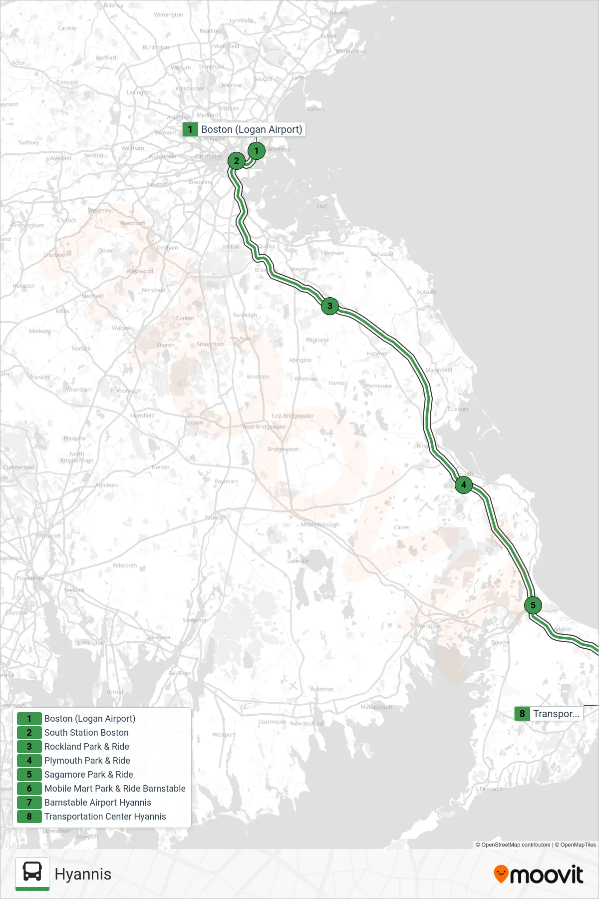 PETER PAN bus Line (Hyannis) route and stops on a map