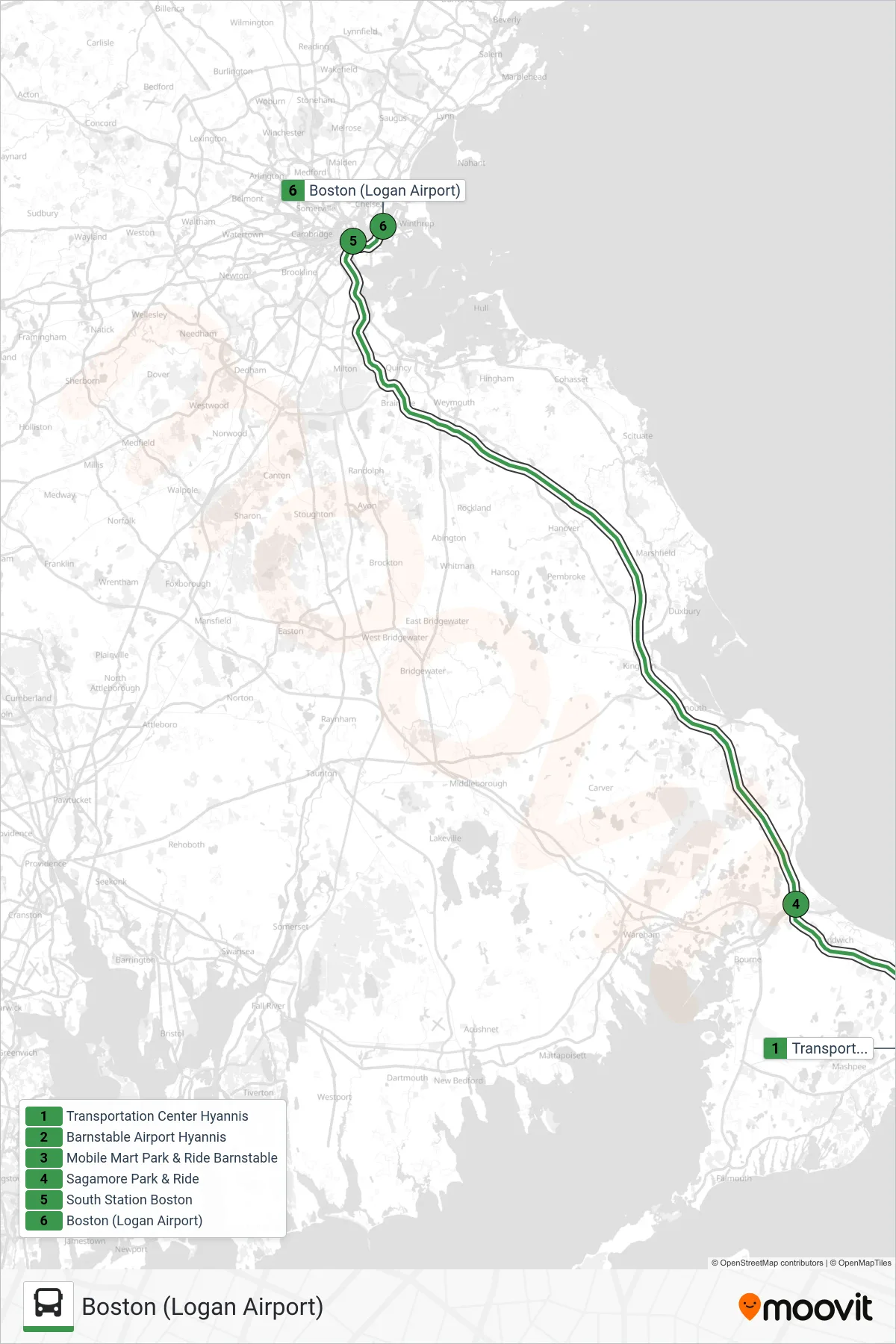PETER PAN bus Line (Boston (Logan Airport)) route and stops on a map
