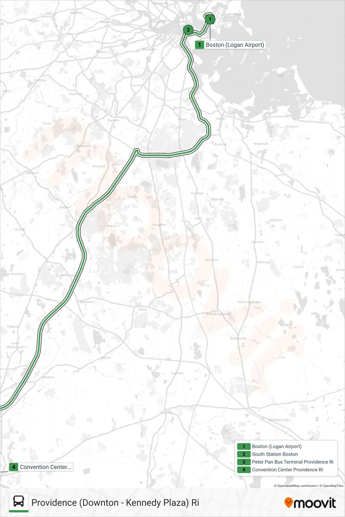 PETER PAN bus Line (Providence (Downton - Kennedy Plaza) Ri) route and stops on a map