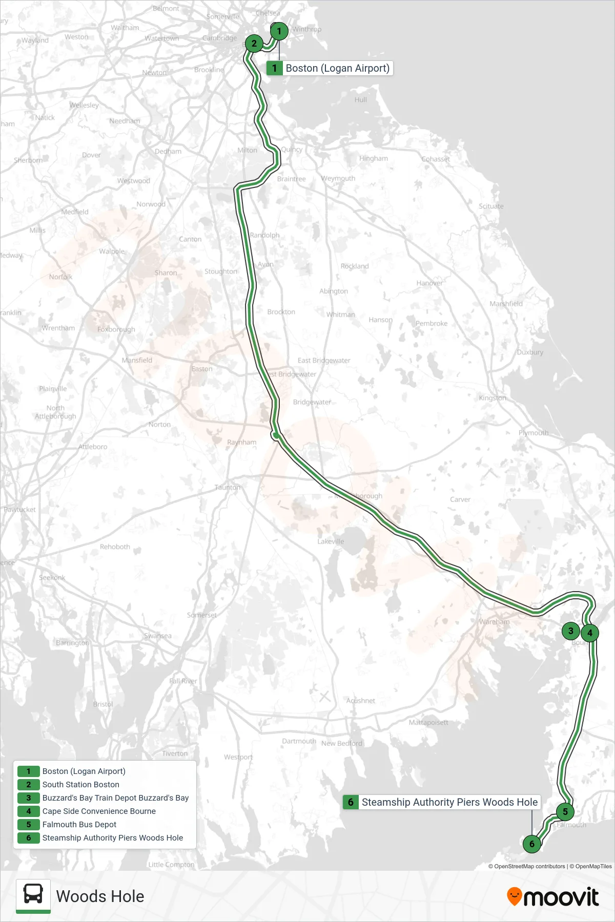 PETER PAN bus Line (Woods Hole) route and stops on a map