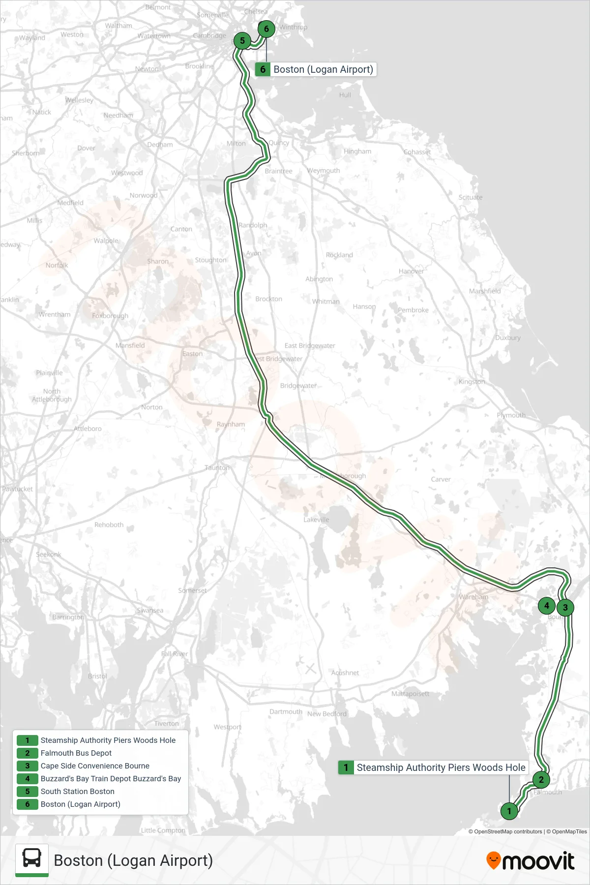 PETER PAN bus Line (Boston (Logan Airport)) route and stops on a map