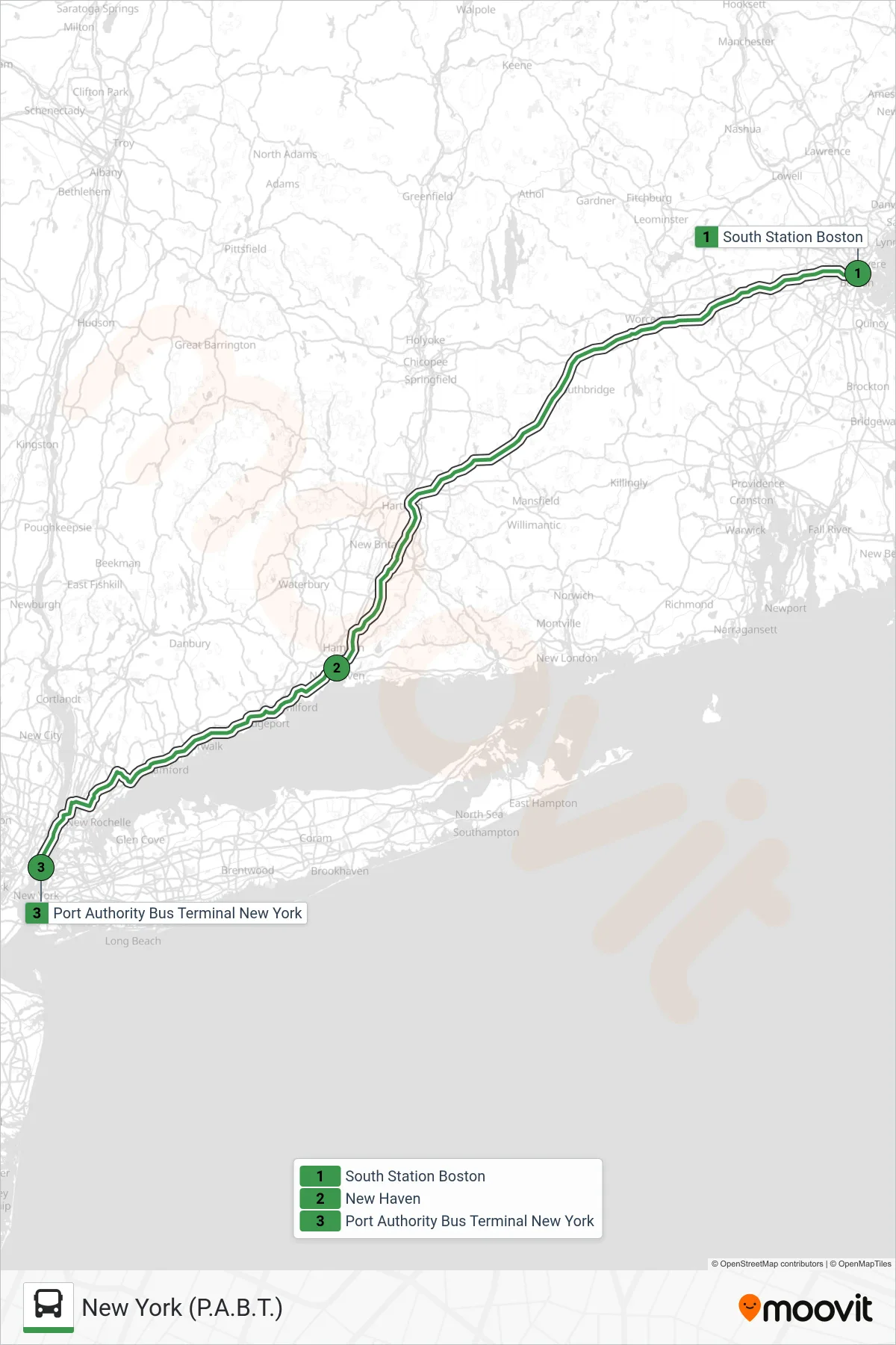 PETER PAN bus Line (New York (P.A.B.T.)) route and stops on a map