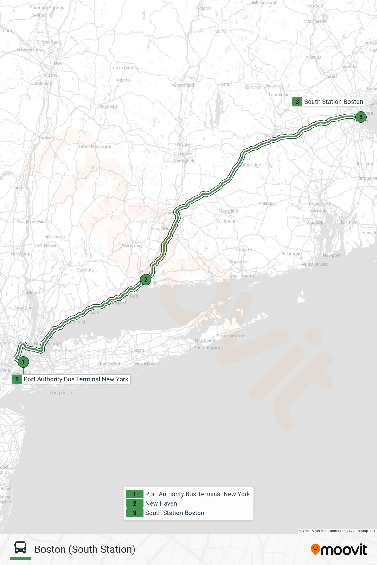 PETER PAN bus Line (Boston (South Station)) route and stops on a map