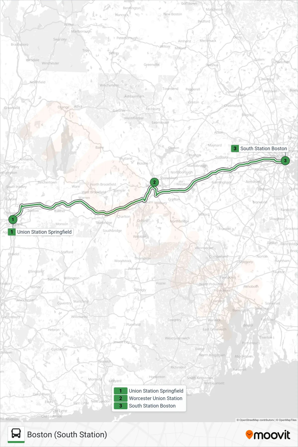 PETER PAN bus Line (Boston (South Station)) route and stops on a map