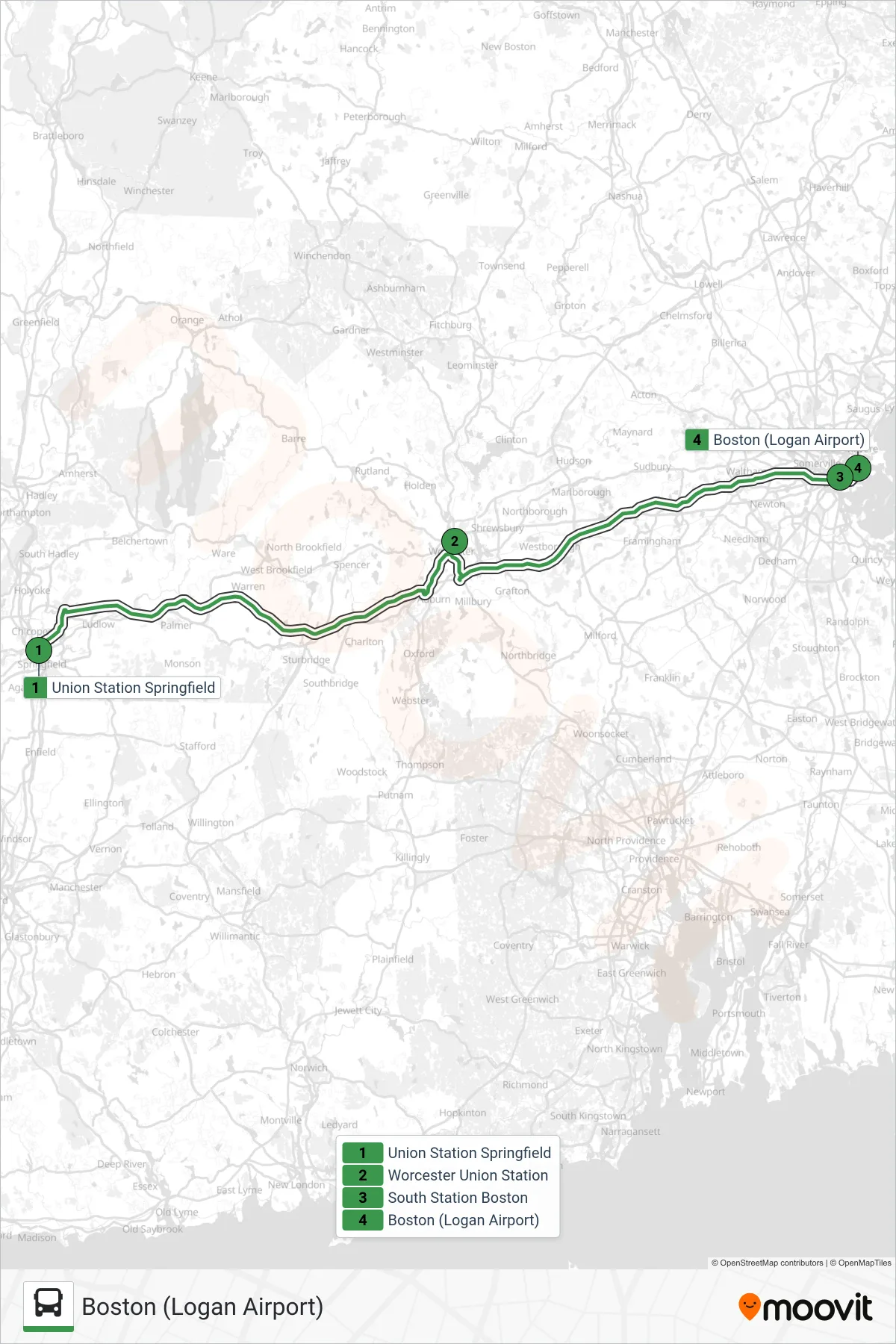 PETER PAN bus Line (Boston (Logan Airport)) route and stops on a map