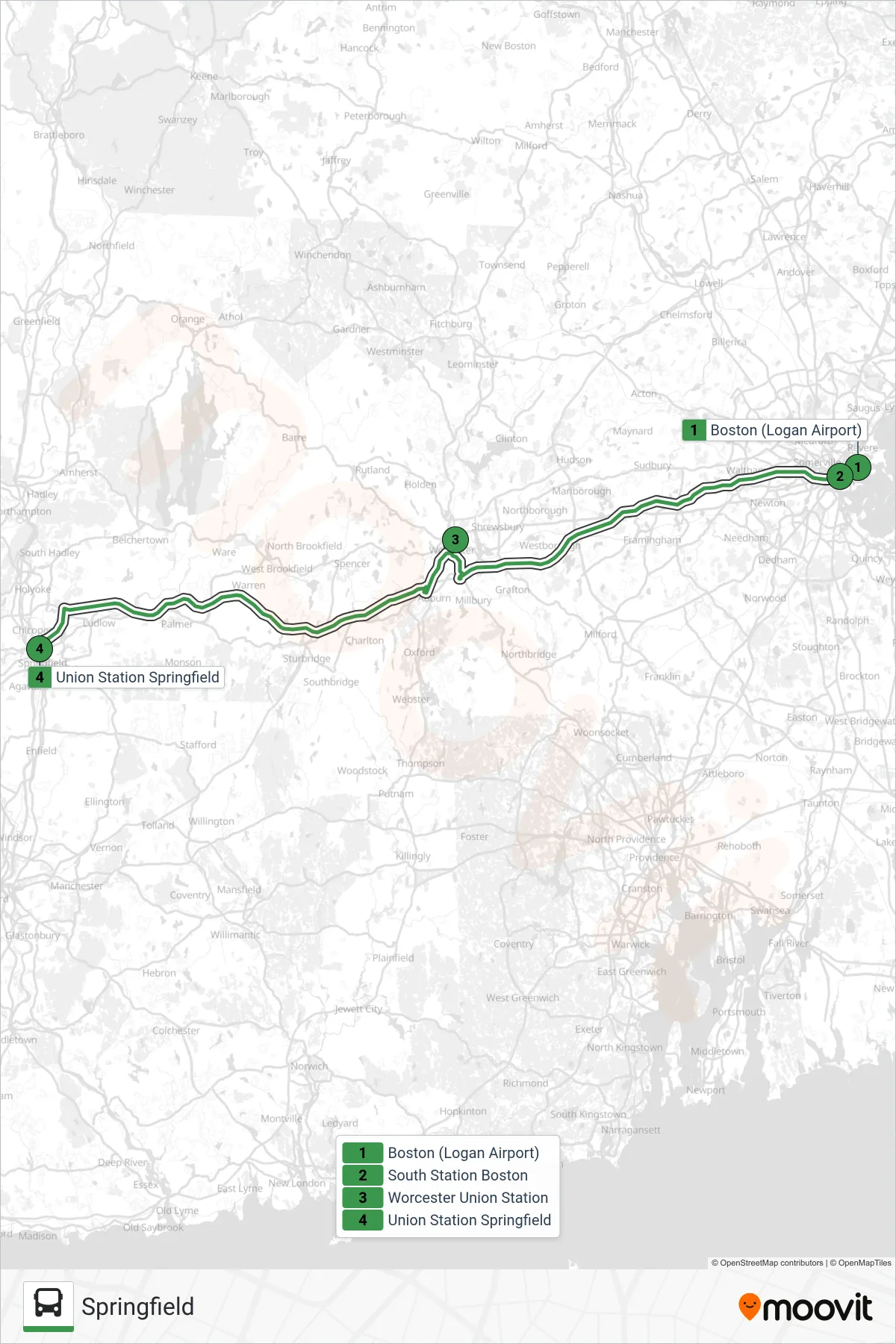 PETER PAN bus Line (Springfield) route and stops on a map