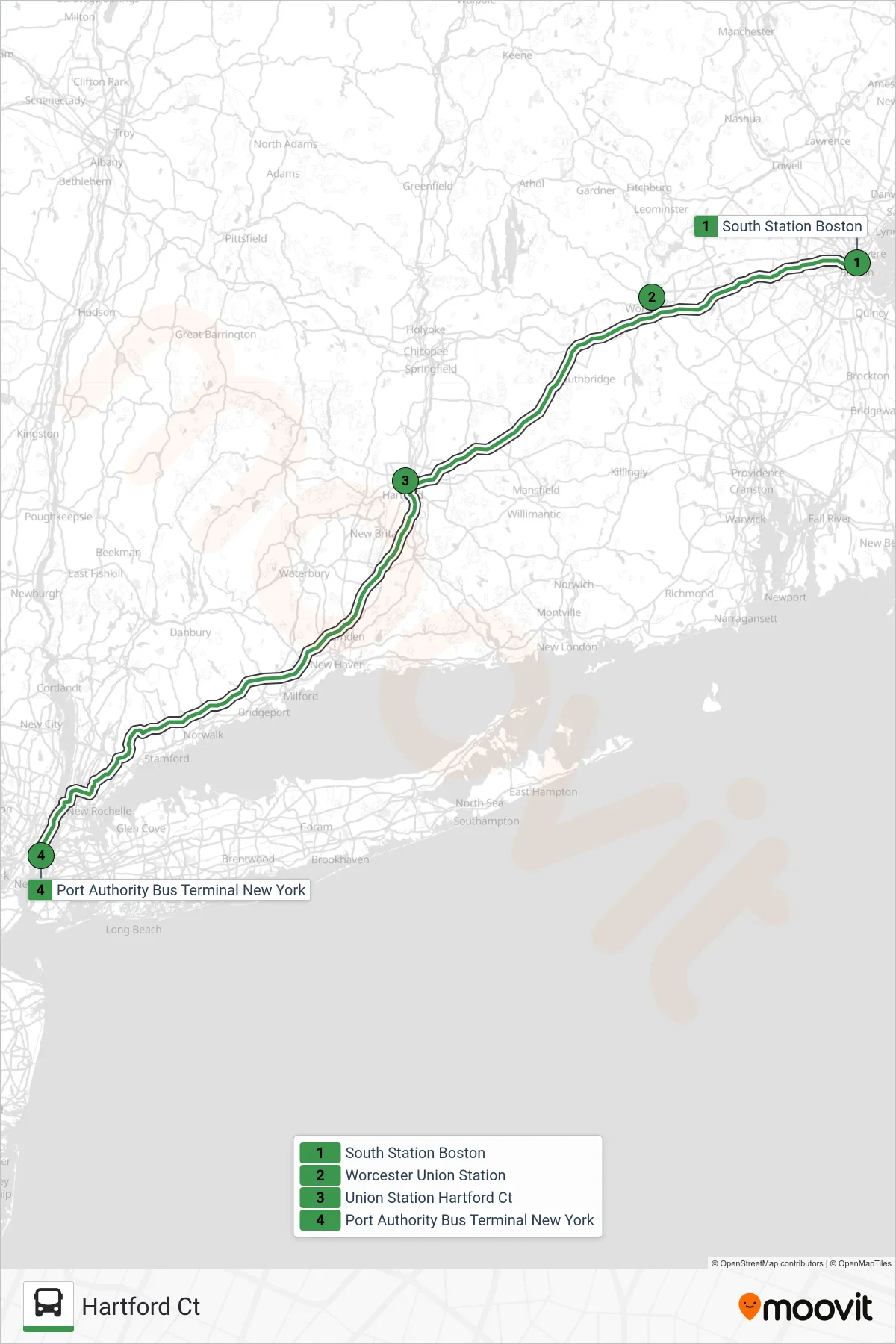 PETER PAN bus Line (Hartford Ct) route and stops on a map