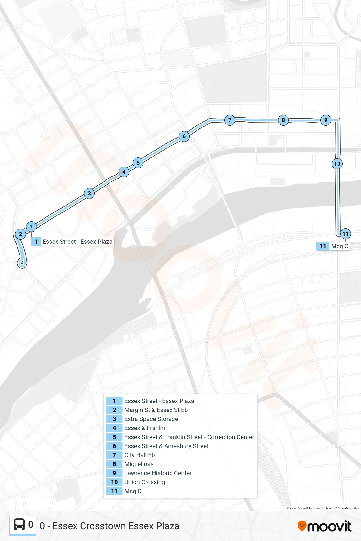 0 bus Line (Inbound) route and stops on a map