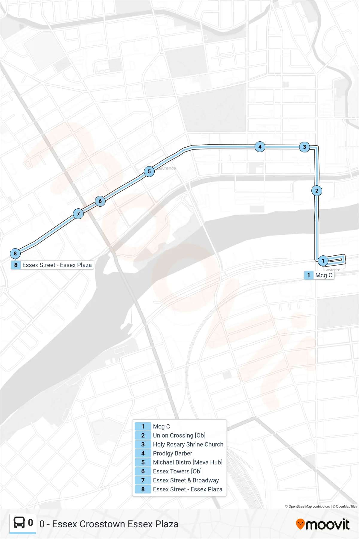 0 bus Line (0 Essex Plaza Via Essex St) route and stops on a map