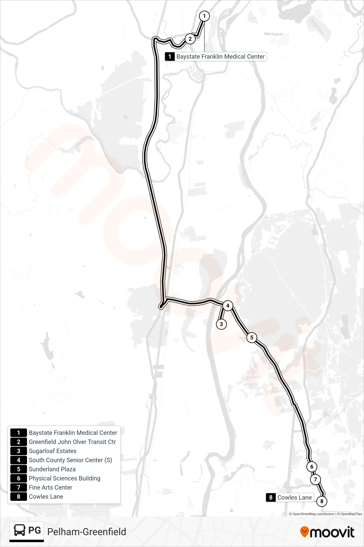 PG bus Line (Amherst Center) route and stops on a map