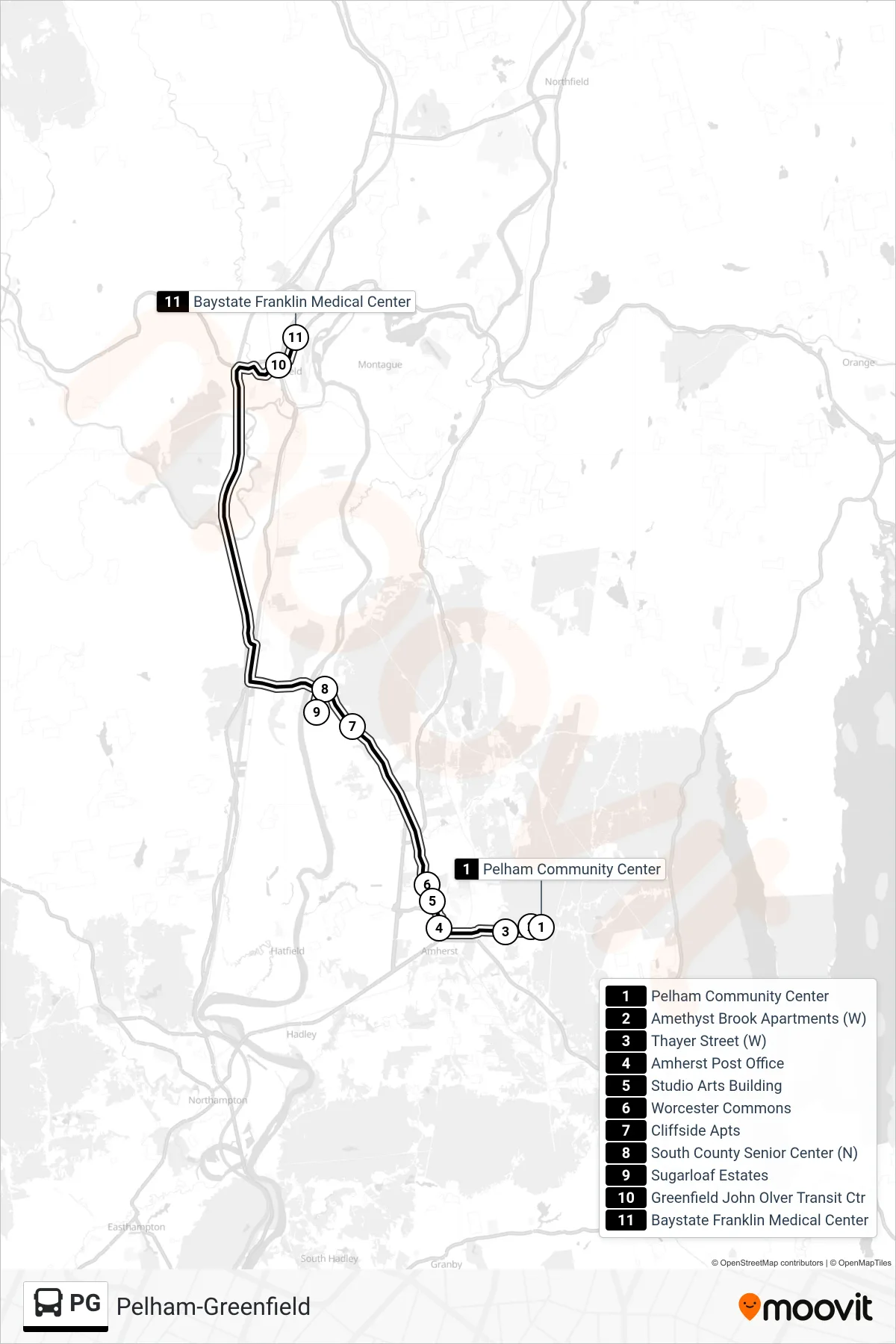 PG bus Line (Greenfield Via Amherst) route and stops on a map