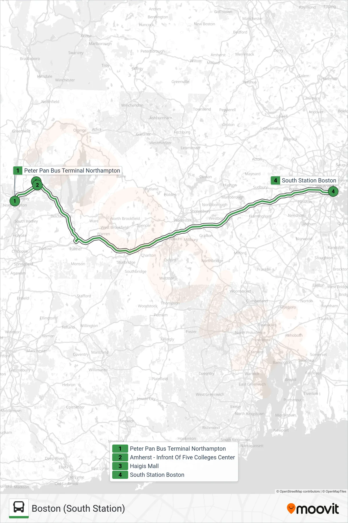 PETER PAN bus Line (Boston (South Station)) route and stops on a map