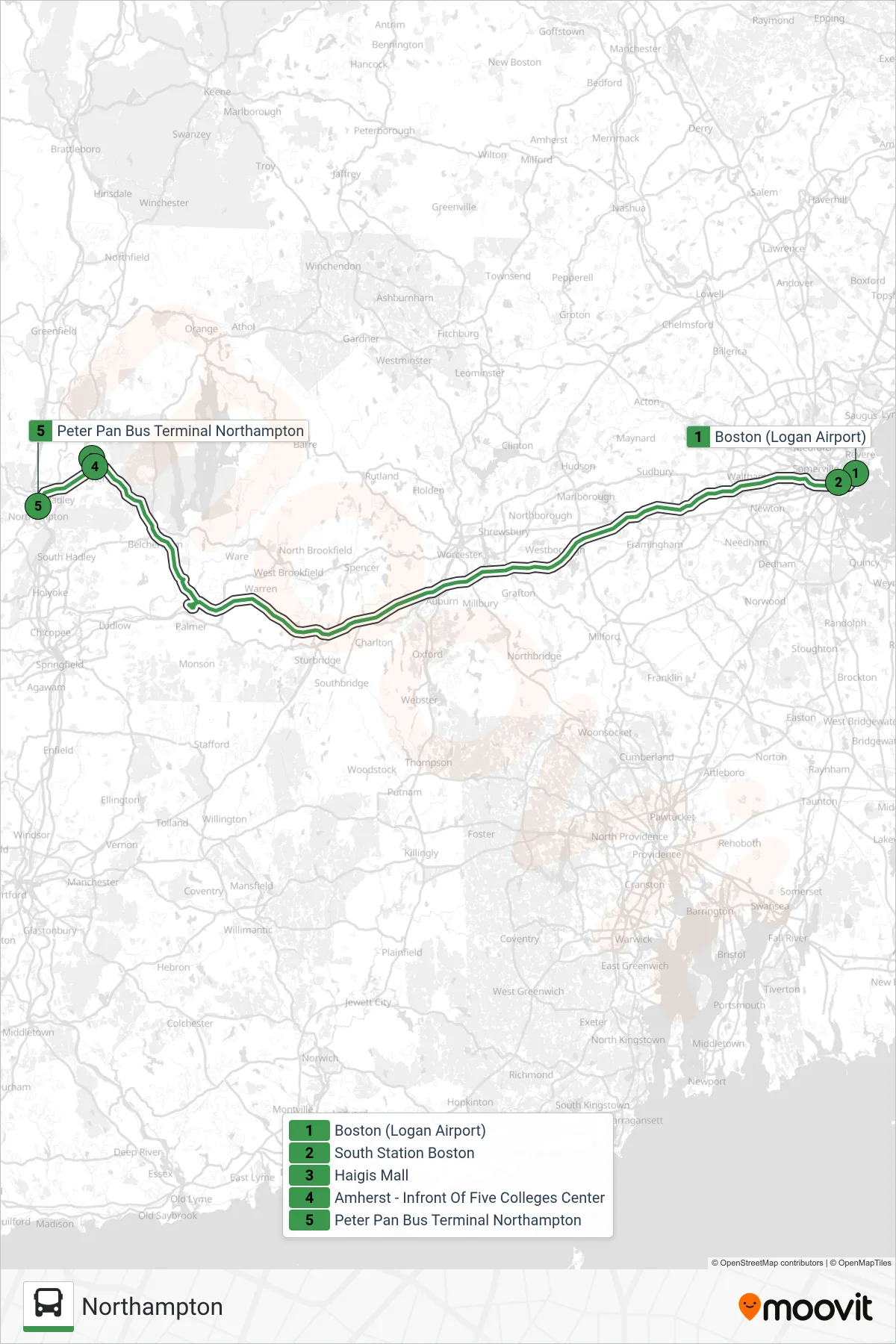 PETER PAN bus Line (Northampton) route and stops on a map