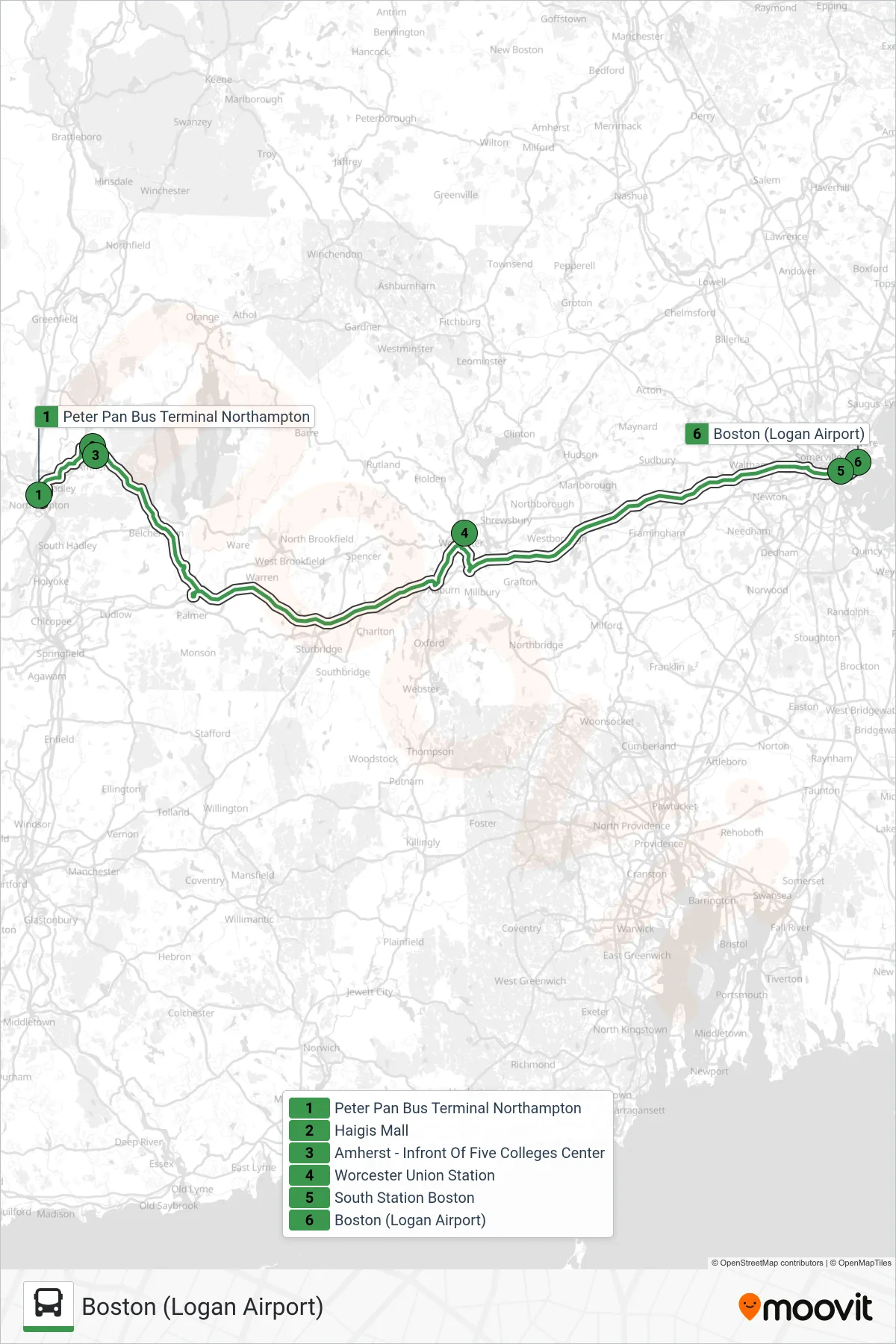 PETER PAN bus Line (Boston (Logan Airport)) route and stops on a map