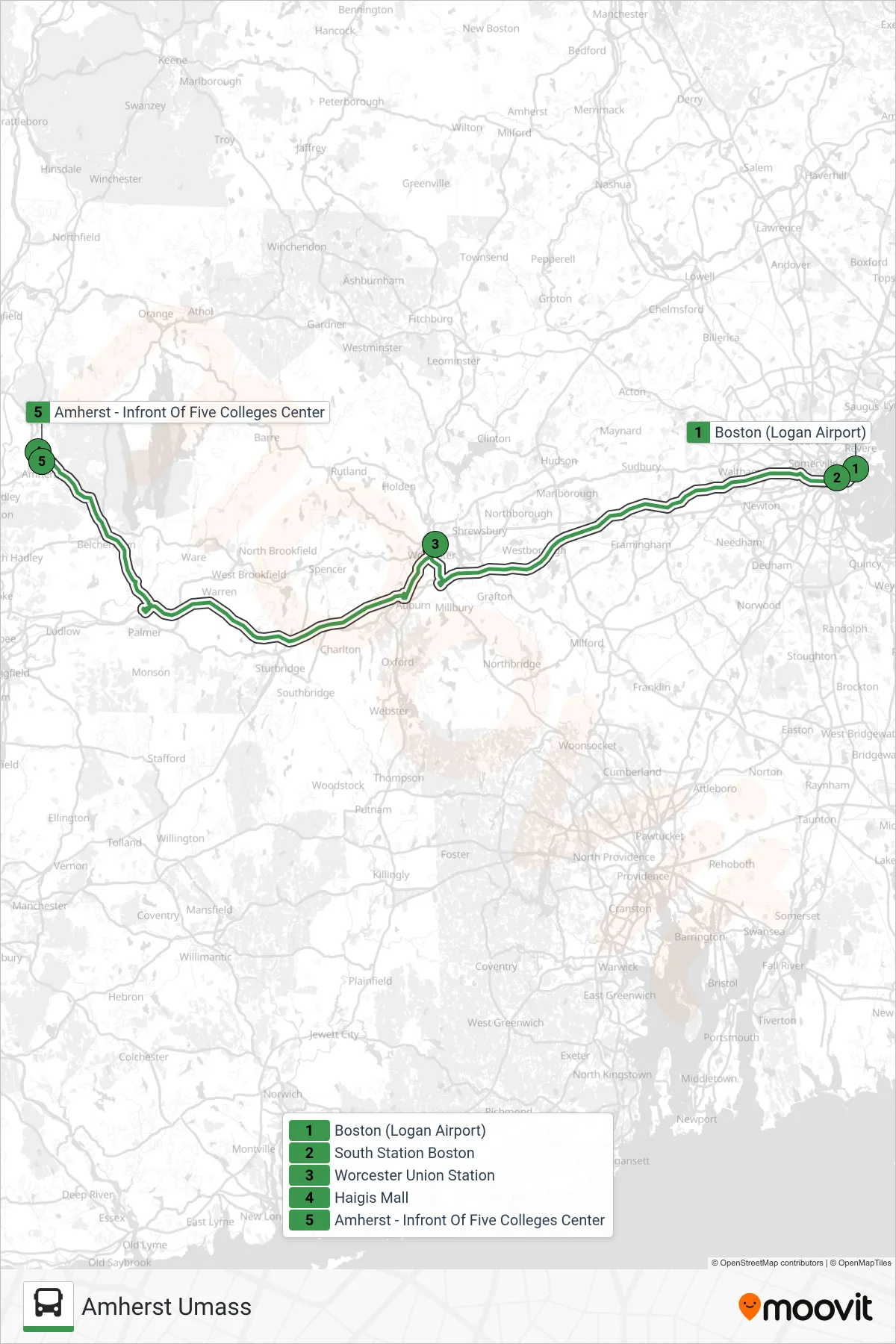 PETER PAN bus Line (Amherst Umass) route and stops on a map