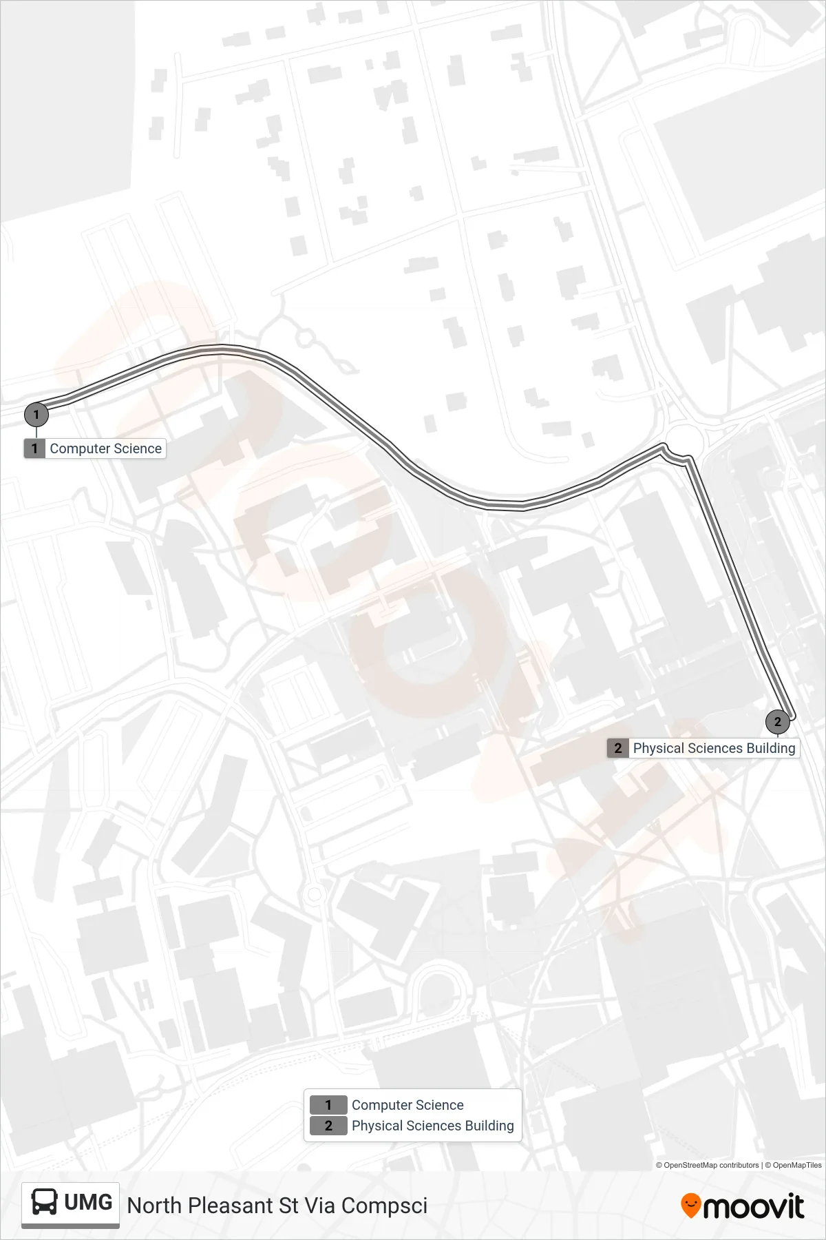 UMG bus Line (North Pleasant St Via Compsci) route and stops on a map