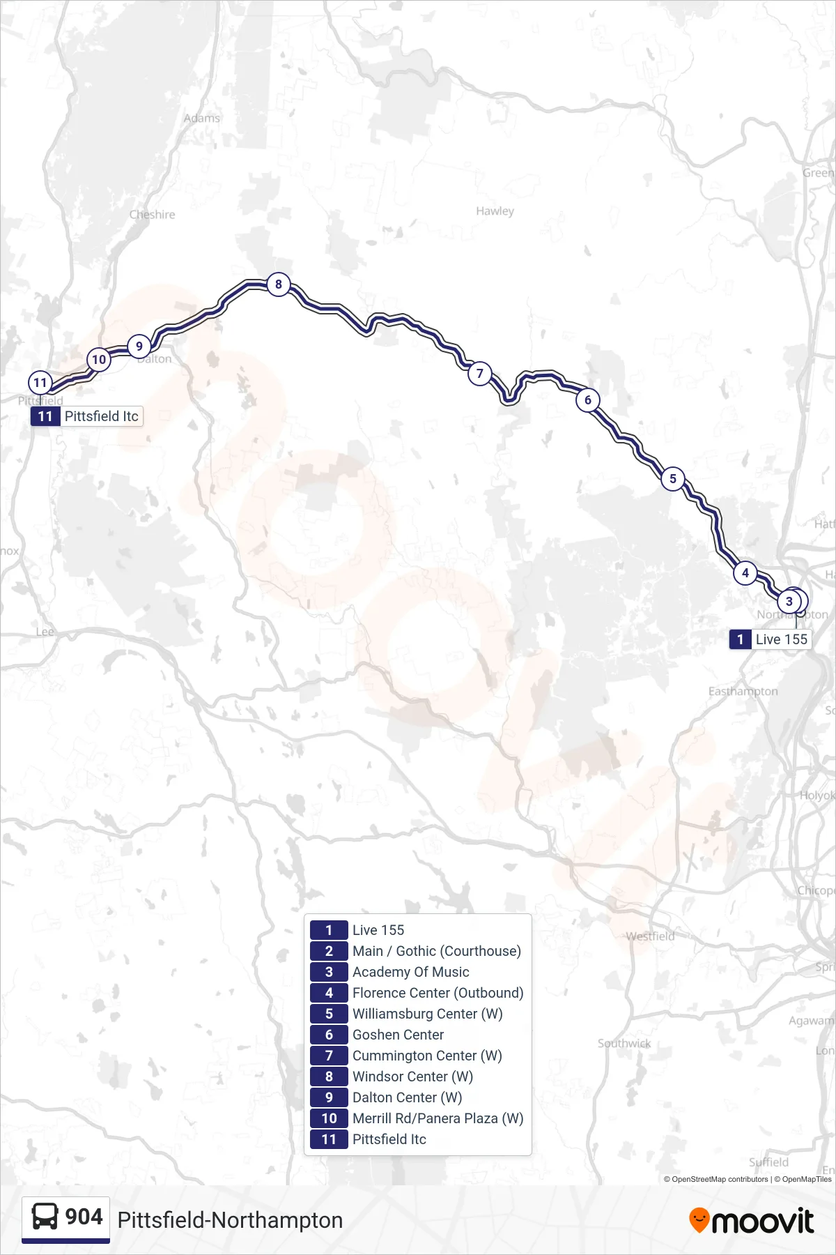 904 bus Line (Pittsfield Itc) route and stops on a map